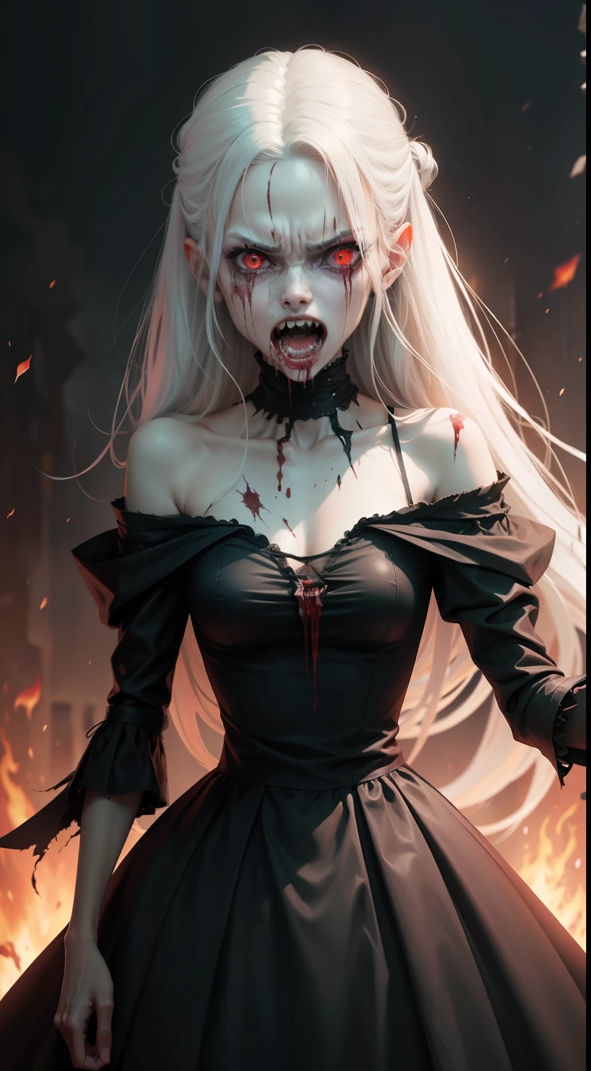 A very pal young girl humanoid character, with red eyes, her name is Cassie, she is crazy, nuts, with cuts and scraps, horror, she is creepy, she is scary, shock value, very evil, ill, she is skinny, evoke, fear, terror, dread, decay, disgust, she is a Psycho, dark, unattractively, unusually thin, thin, scraggly, emaciated, twisted, frightening, sick, dark background, long black dress, gore, blood, solo, close up, (messy white long hair), fog, evil eyes, she is flat, eyes glowing, dress fully covers her, she's nut, yelling, she's mad, she's furious, she's screaming out loud, showing teeth, mouth open wide, yelling at the camera, fire in the background, rage, sharp teeth, bloody mouth, vampire like, she is holding a double bladed axe