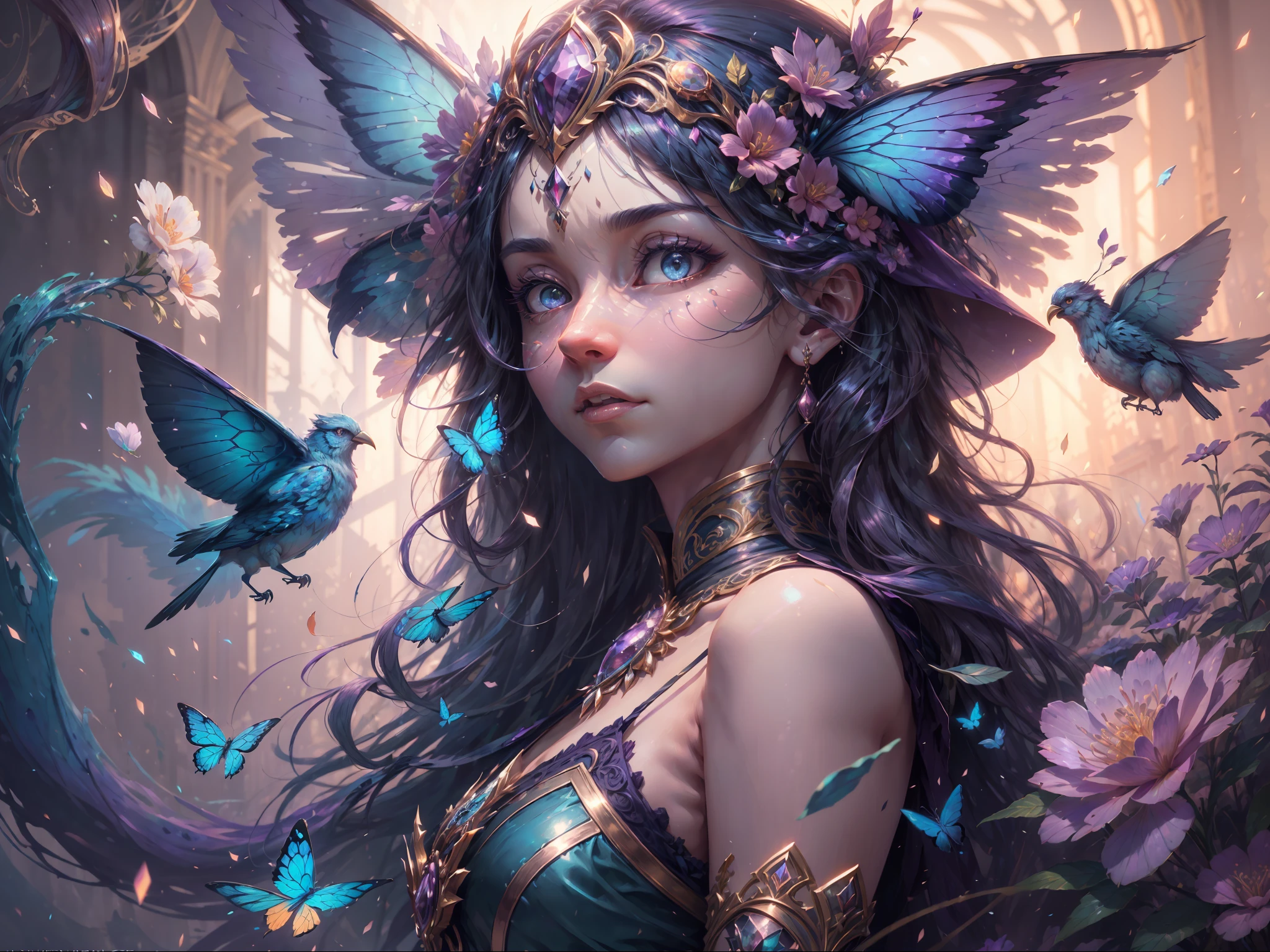 (((masterpiece))), (((best quality))), ((ultra-detailed)),(highly detailed CG illustration), ((extremely delicate and beautiful)) Create a stunning fantasy artwork that mimics the style of currently trending masters of the genre. The art piece should contain elements of both mythic fantasy and fairytale fantasy with (watercolor accents in shades of blue, pink, and purple). Generate a delicate but strong figure with an aura of mystery and magic and stunningly realistic eyes. The character should be petite with subtle breasts. Pay close attention to intricate facial features, such as mesmerizing eyes with vibrant colors and delicate shading. The character's clothing should be designed with gossamer feathers, silk, stunning embroidery, and subtle iridescent details. Incorporate vibrant colors, dynamic lighting, and detailed background elements to create a sense of awe and immersion. Include colorful flying magical birds and jewel-toned butterflies radiating a magical aura. Consider the latest trends in fantasy art, such as incorporating unique lighting effects, exploring dynamic and compelling composition techniques, and experimenting with unique color palettes. Take inspiration from the top artists on ArtStation and Midjourney. Camera: Choose an angle that highlights the character's beauty and enhances the magical majesty of the artwork. Lighting: Utilize atmospheric lighting techniques to create depth and mood. Resolution: Aim for a high-resolution artwork to showcase intricate details and clarity. Art Inspirations: Seek inspiration from the trending artists on ArtStation, exploring different styles, genres, and themes.