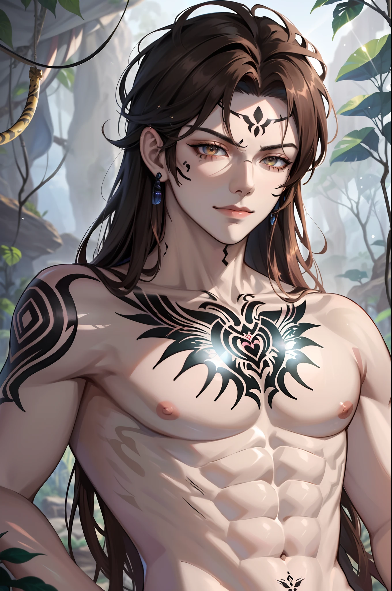 Masterpiece, best quality, high quality, close up, solo anime portrait,1boy, handsome male, (Shirtless male with abs and pecs:1.5), (Black Tribe tattoos on his body:1.7), (Jungle scenery:1.6), (dark side swept brown hair:1.4), he is stunning and super handsome, god like appearance, `(gradient_hazel_eyes:1.4), masculine, handsome, sexy, hot, abs, pecs, detailed background, SLE, mksks style, effeminate, JRPG art, trending on caravaggio, intrinsicated and detailed smug, looking at camera, face focus, highly-detailed, top lightning, trending on pixiv, HD digital, 32k, vibrant colors,