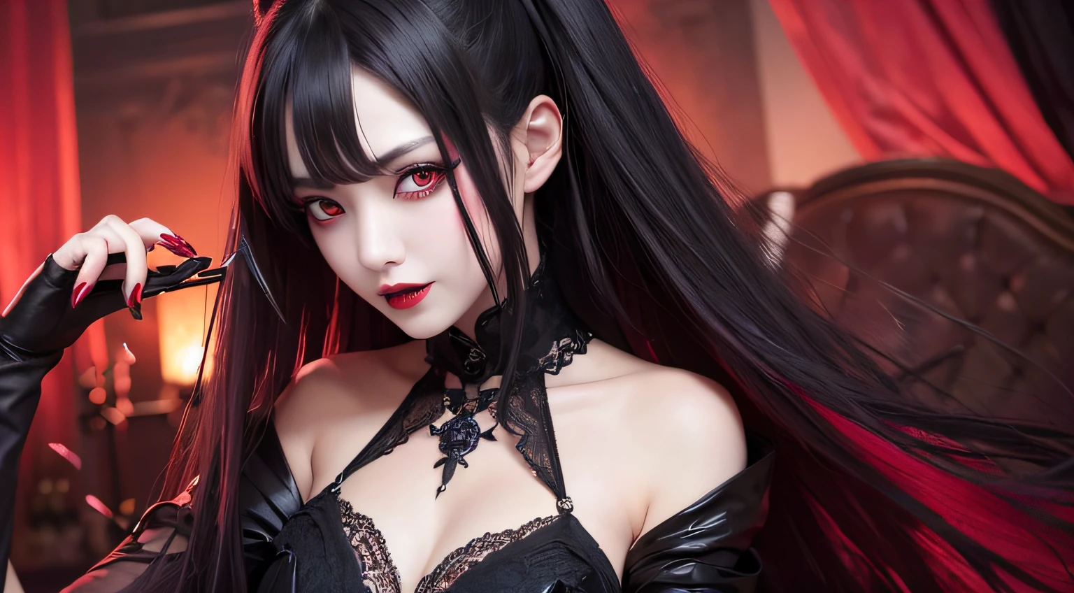 Charismatic female portrayal of vampires、Bright red eyes、Sensual attraction、Mystical smile、Dressed in darkness、Fresh blood lust、Unique presence、Legendary beauty、Bewitching hair、deep red lips