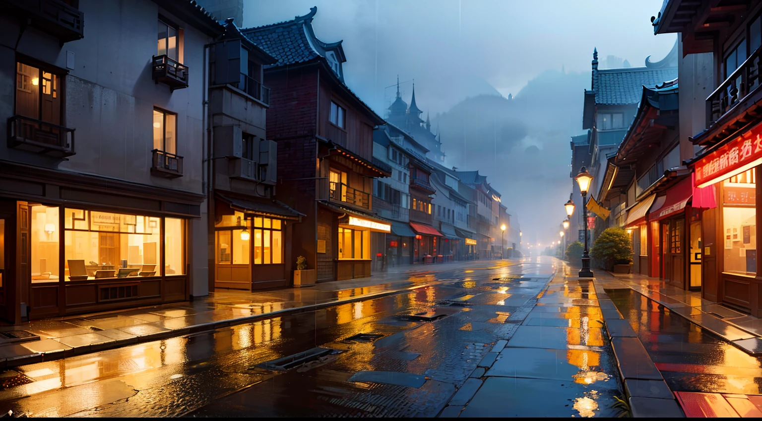 absurd res, high res, (masterpiece:1.4), ultra-detailed, street view, floating, night, thick fog, traffic lights, rain, wet street, very dark night, moonlight street view, black sky, single lightning strike, cozy street, chinese architecture, puddles, river