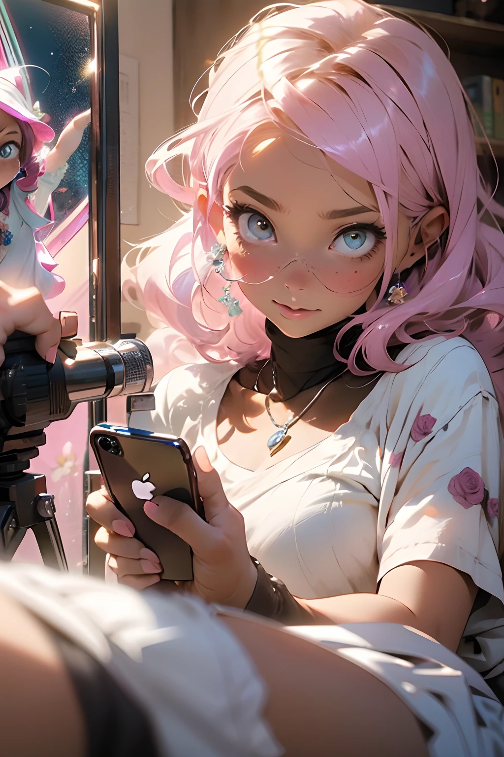 ((Kawai girl )), melancholy lighting, tranquila, calma, brilho, obra-prima, melhor qualidade, 1girl, (JinxLol:1.2), (ultra fotorrealista:1.3), (obra-prima:1.4), melhor qualidade, ((realista)), alta qualidade, ultra detalhado, ((Imagem real)), ((pele realista)), ((rosto realista)),(illustration:1.05), (linda:1.05), (belos olhos detalhados:1.05), (cinematiclight:1.1), rosa claro nos detaques, Barbie kawai , cell phone in your pink hand, baby pink colors, borboletas brancas e rosas detalhes