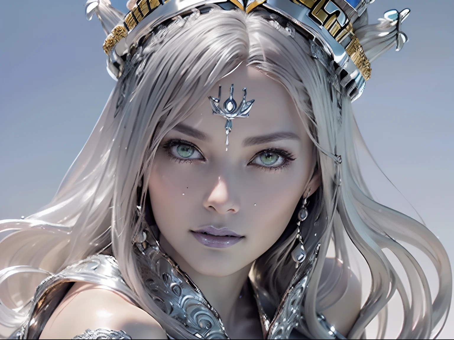 Ultra-detailed complex 3D rendering of the face, (masterpiece, top quality, octane rendering,), glamour shots full body image, very beautiful young elves, cleavage, (highly detailed skin: 1.2), (exposure: 1.1), ((blue micro bikini: 1.95)))). , 8k, (((very soft breasts)), (((conspicuous large pink areola)), beautiful Caucasian woman with white skin with full soft breasts with big buttocks, one, long braided hair, big breasts, dynamic angles, (((huge breasts: 2.4)), ultra-realistic photos, ((((((silver hair)))), futuristic urban background, facial muscles, (((((detailed and glamorous silver crown)))), In the style of Marvel Comics, ArtStation Trends, Clear Focus, Intricate Details, Very Detailed, Detailed Green Eyes, Sharp Focus, Digital Rendering, Professional, Abs, Lip Gloss, Glossy Skin, Sexy Pose, Golden Tattoo All Over Body, Silver Pattern All Over Body, Silver Lame Skin, Gold Glitter Skin, Mansuji, Buttocks, Jeweled All Over the Body, with silver scales, silver hair,