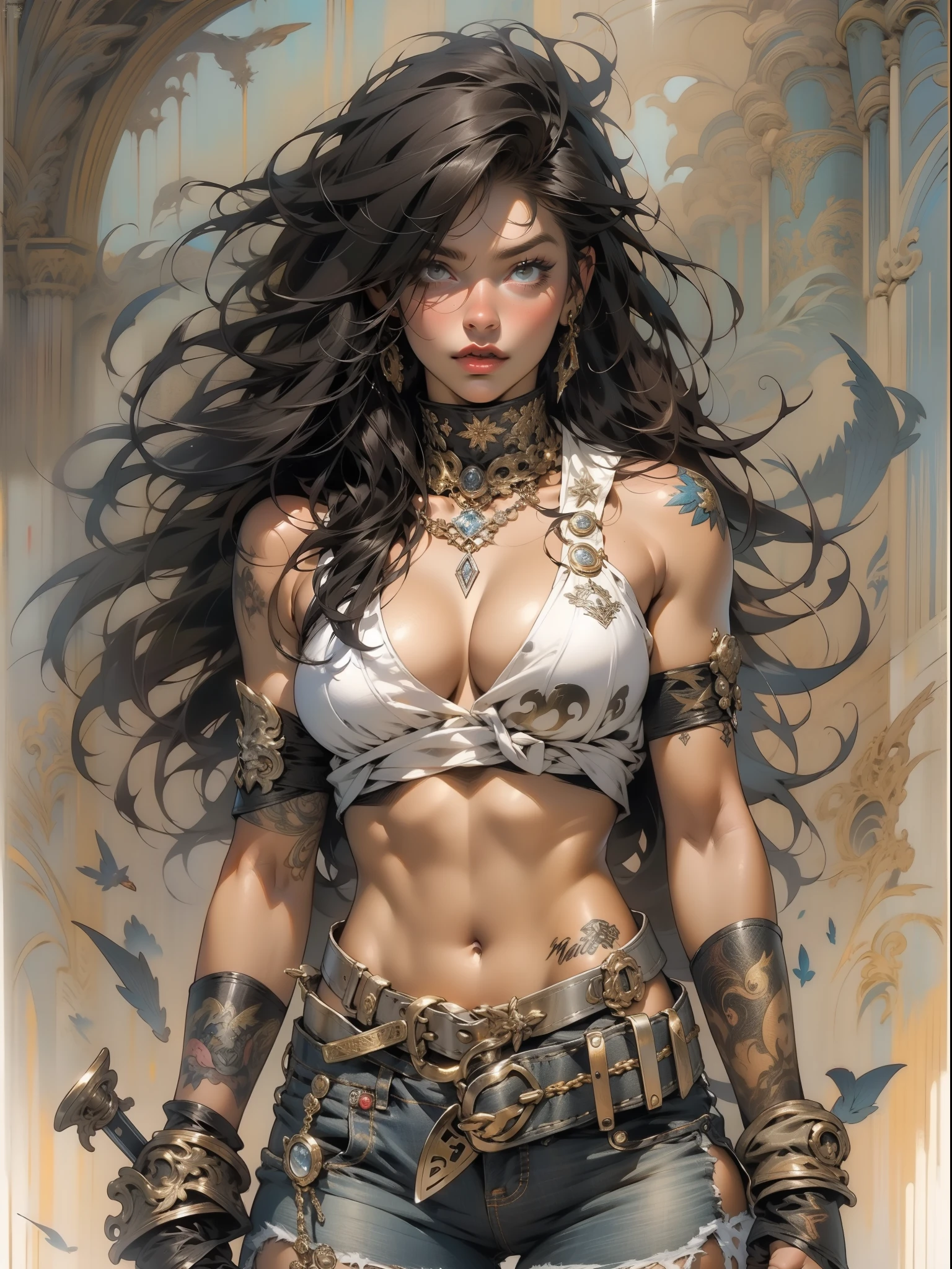Uma guerreira mulher de 35 anos musculosa quase nua no estilo Simon Bisley para a capa da revista Heavy Metal, cabelo metade preto metade branco, Minimum clothing, Roupas curtas, (((mulher))), (((melhor qualidade))), (((obra prima))), (((adulta))), Uma guerreira mulher de 35 anos com corpo perfeito, Brooklyn Gladiators, hand with steel gloves and metal tips, (( under boobs )), (( Tiny thong )), quase nua no estilo selvagem urbano de Simon Bisley para a capa da revista 2000 A.D., cabelo curto desalinhado, Minimum clothing, arm with heavy metal protection full of tips, tatuagem tribal, estrelas de 5 pontas, (((corpo inteiro))), cabelo preto curto com franja branca cobrindo a testa