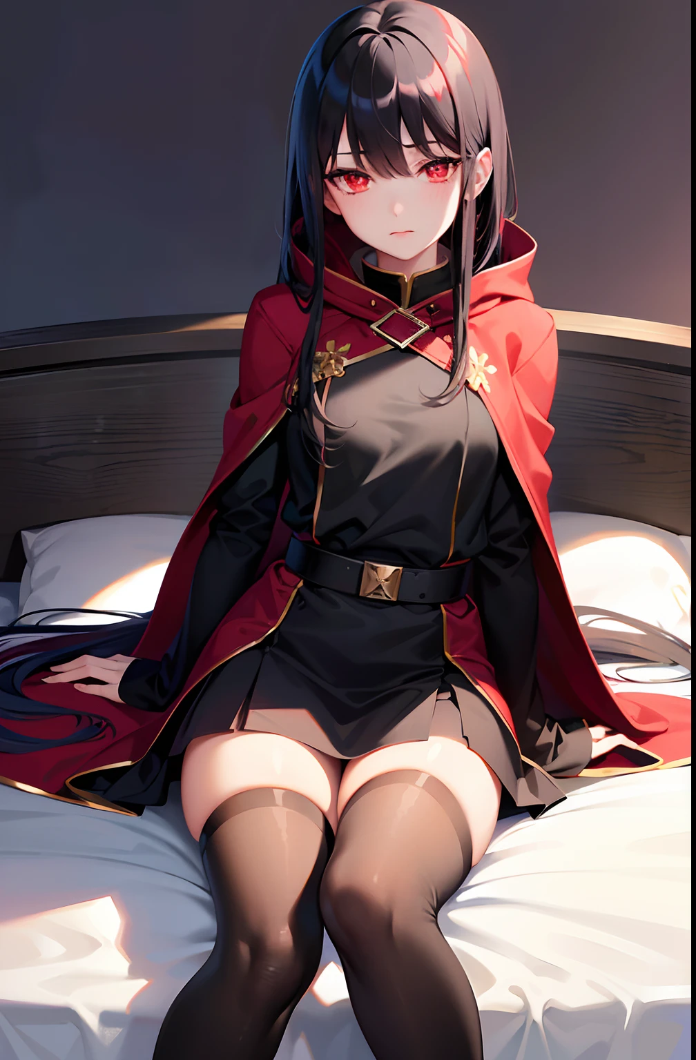 expressive eyes, perfect face, highly detailed, high resolution, 1girl, black hair, long straight hair, red eyes, (black commander cloak), (black thigh-highs), ((red hair strand)), on the bed, cute pose, (short black miniskirt), (masterpiece), best quality, 4k