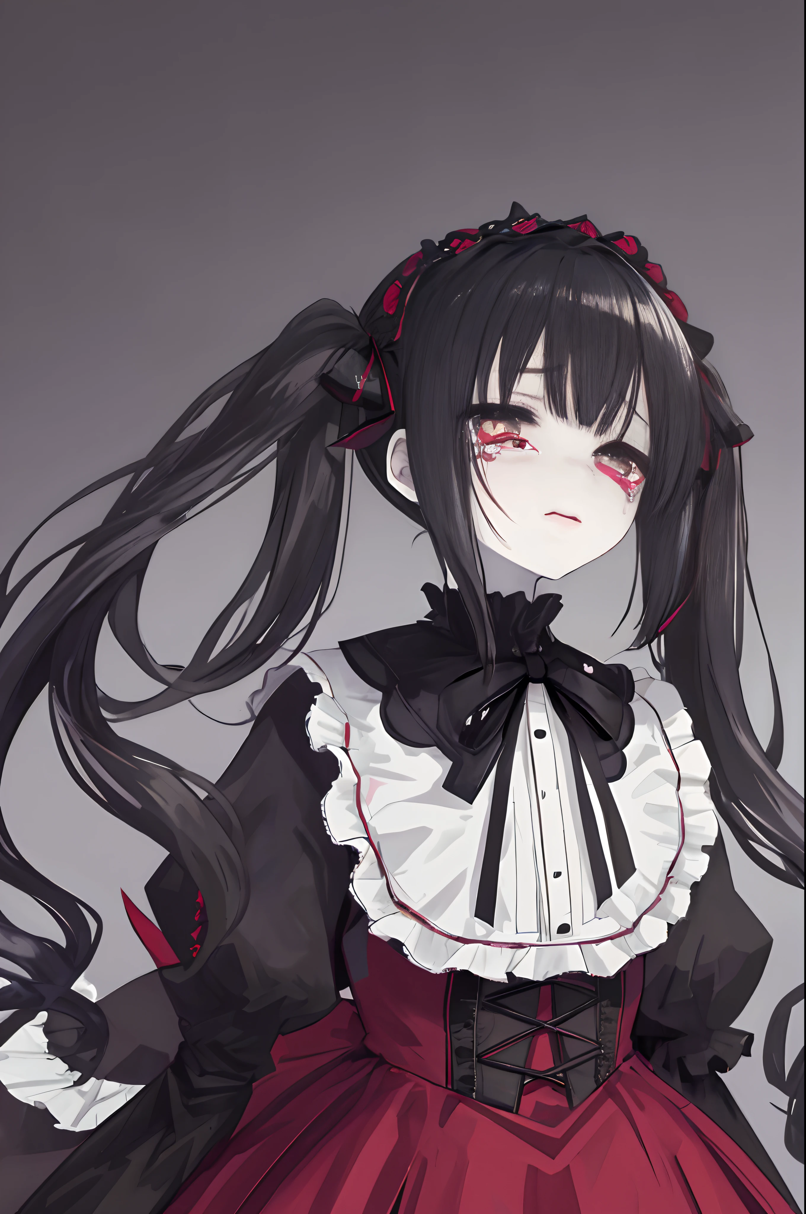 masterpiece, best quality, 1girl,gothic lolita,empty eyes,no pupils,wavy mouth,tears,White skin,black hair,twintails,{{{shadow under eyes,blood,panicking