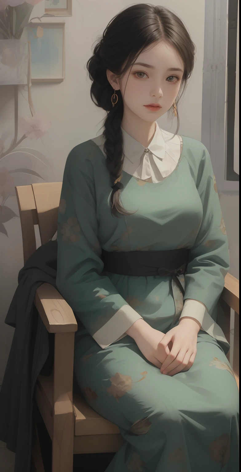 A woman who is,30 age old,Dignified and elegant,Sit in a chair and draw,Draw on a drawing tablet,Vintage maxi dress,Brush in hand,painting of a,oil painted,Color Palette,Drawing board,The era of the Republic of China,On the streets of retro、a white long skirt,laughingly,retro dress,dress,Braided shoulder position,Republic of China retro style,a warm color palette,misterious