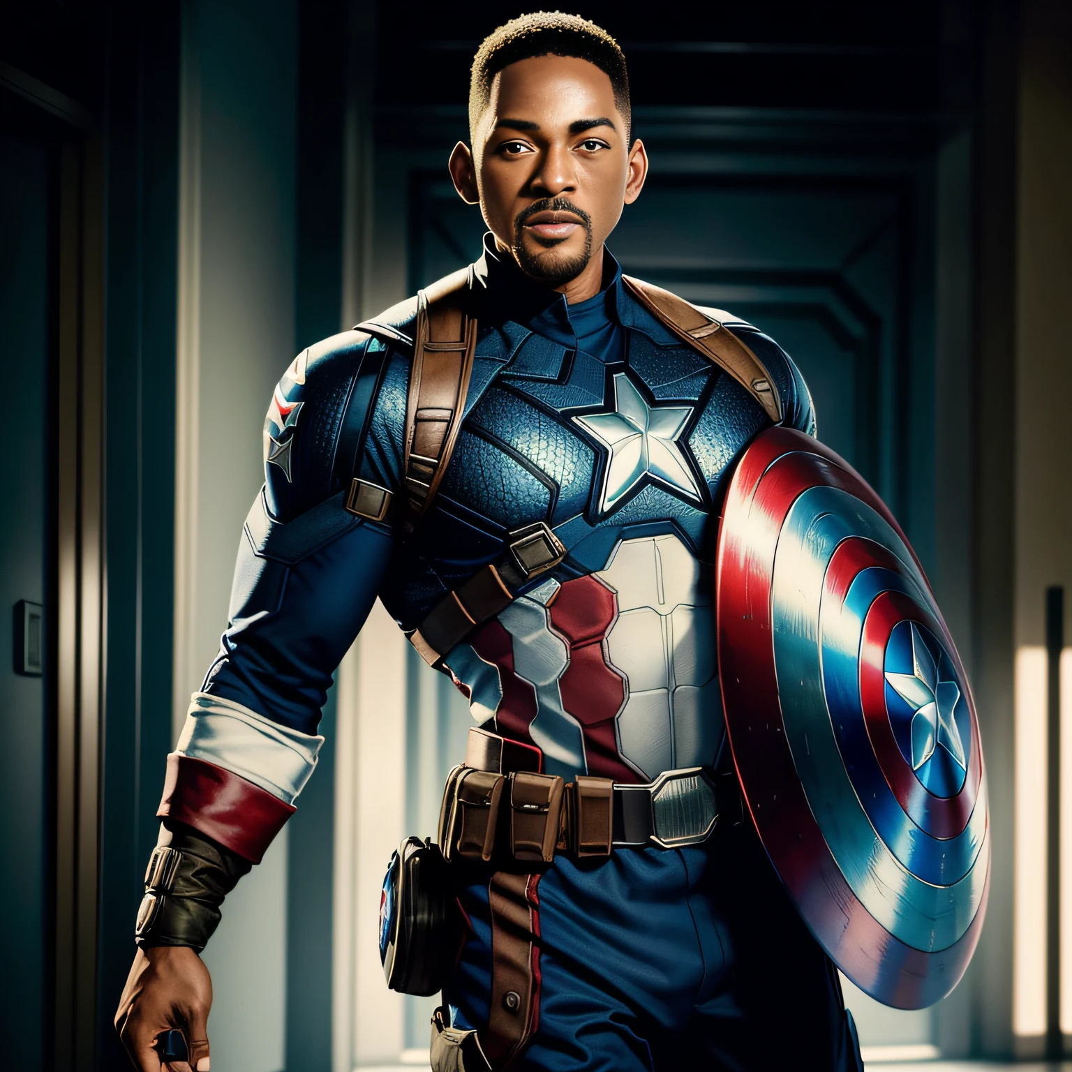 Hyper realistic photo of the portrait of Will Smith dressed as Captain America, hiper detalhado, rosto detalhado, uhd, 12k