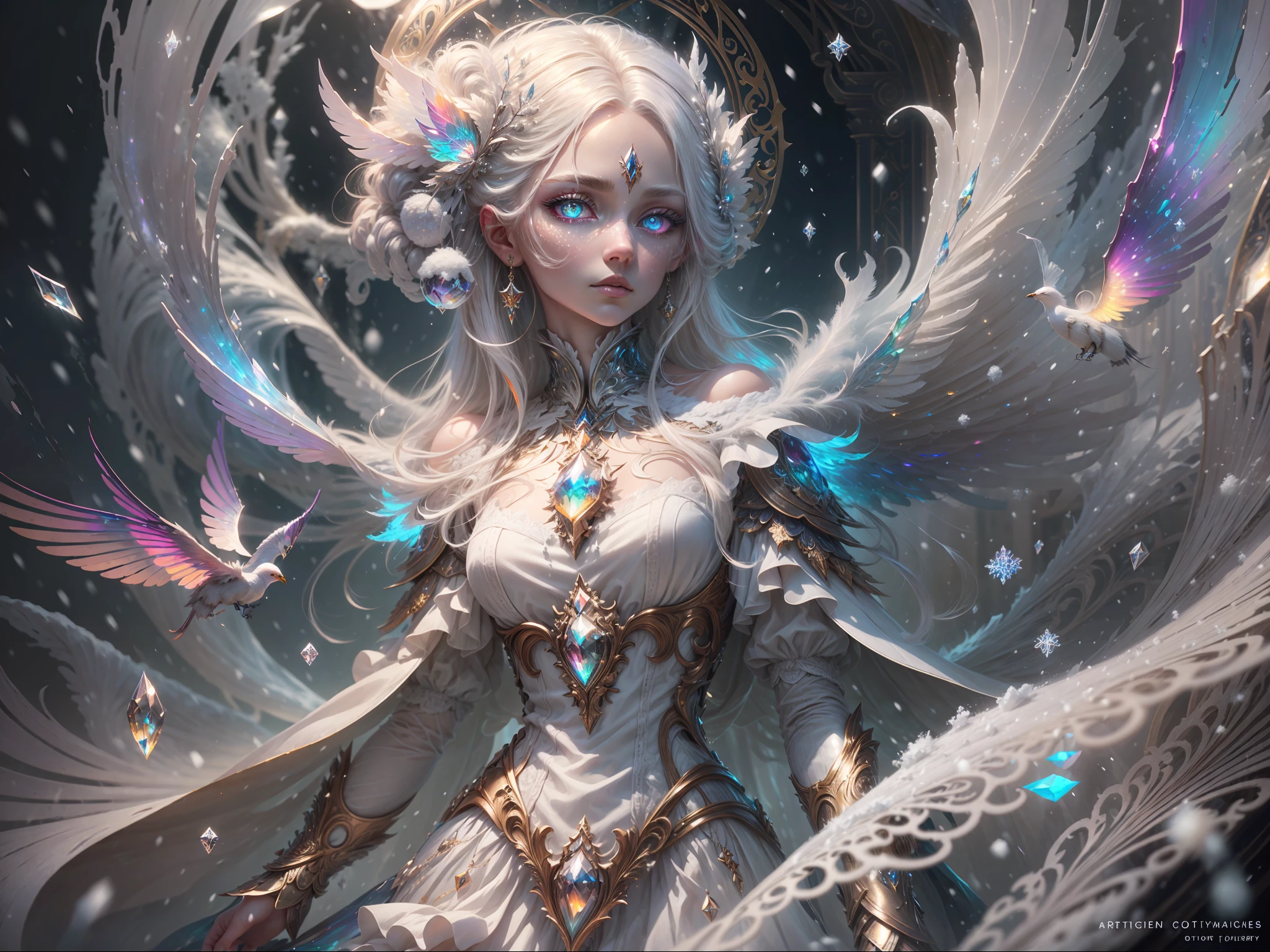 (((masterpiece))), (((best quality))), ((ultra-detailed)),(highly detailed CG illustration), ((an extremely delicate and beautiful)),cinematic lighting. This is a realistic fantasy artwork with contrasting colors and a very mysterious aura. Generate a pure white woman with ((pure white skin)), metallic hair, and (((bold, ((colorful eyes))))). (((Her skin is whiter than snow))). Her face is extremely detailed with realistic shading and her eyes are extremely detailed with absurdly high resolution and bright, bold colors. (((Her eyes are important and must be perfect.))) She has soft, puffy lips. Include many fantasy details such as soft white feathers, beautiful French silk, delicate embroidery, snow, iridescence detailing, phantasmal iridescence detailing, and glitter. Include moonlight, snowflakes, and winterscapes. The character in the artwork is a delicate but strong petite figure with an aura of mystery and magic. The character's clothing should be designed with gossamer feathers, silk, stunning embroidery, and subtle iridescent details. Incorporate dreamy colors, dynamic lighting, and detailed background elements to create a sense of awe and immersion. Consider the latest trends in fantasy art, such as incorporating unique lighting effects, exploring dynamic and compelling composition techniques, and experimenting with unique color palettes. Take inspiration from the top artists on ArtStation and Midjourney. Camera: Choose an angle that highlights the character's beauty and enhances the magical majesty of the artwork. Lighting: Utilize atmospheric lighting techniques to create depth and mood. Resolution: Aim for a high-resolution artwork to showcase intricate details and clarity. Art Inspirations: Seek inspiration from the trending artists on ArtStation, exploring different styles, genres, and themes.