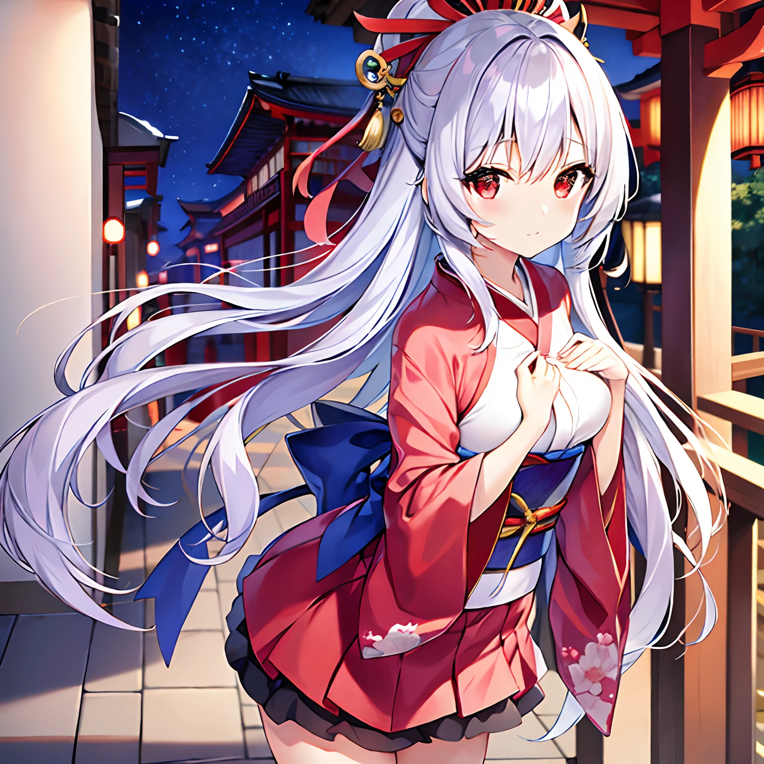silber hair、red eyes、Beautiful girl alone、独奏、animesque、Kimono、a miniskirt、Japan town