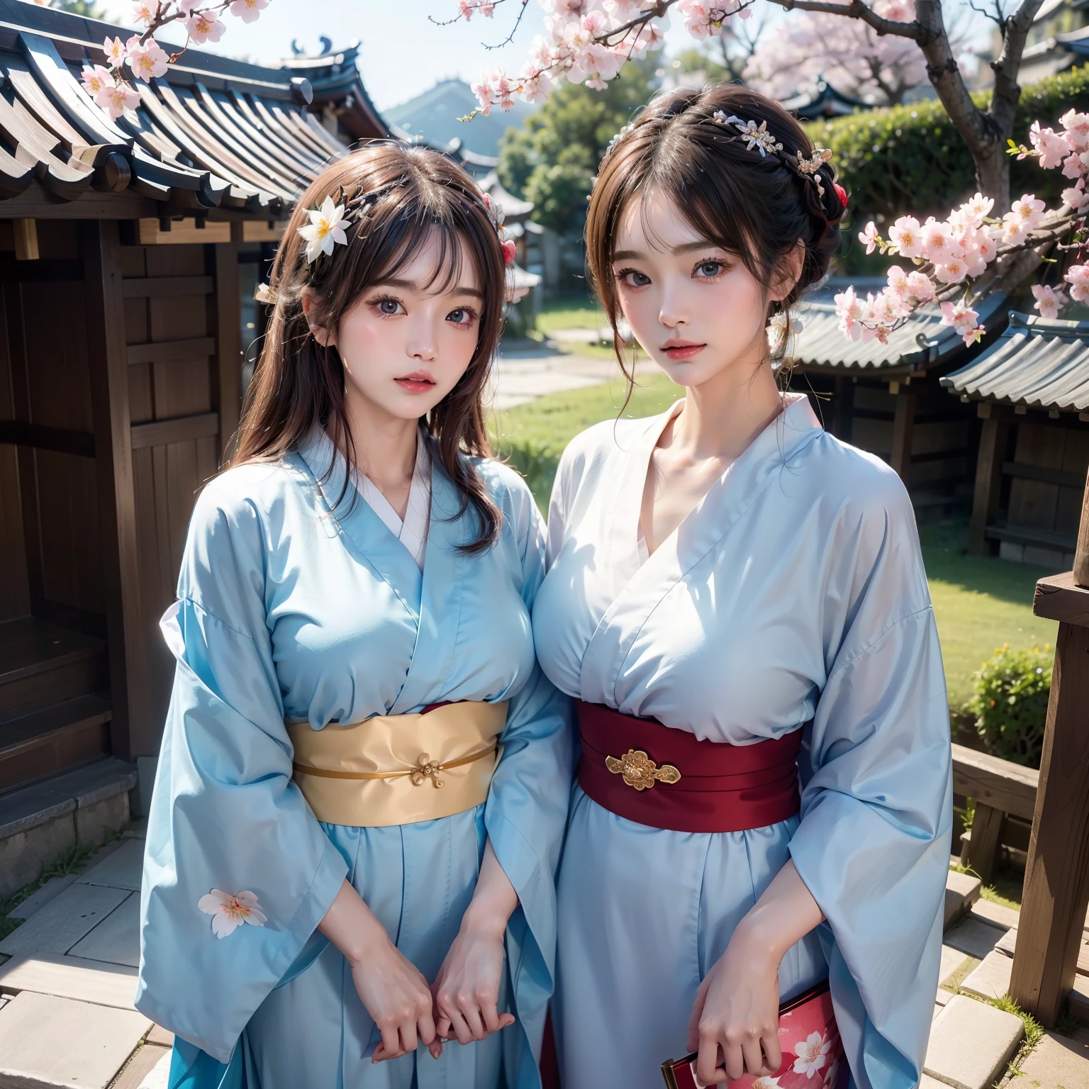 High quality、２５Age pretty woman、Slender beauty、Wear a traditional kimono with gorgeous Japan、Hairpin、Geta、Expensive obi、Big beautiful blue eyes、Detailed cute face、独奏、stand dignified、Gion、Kiyomizu-dera Temple、under a cherry blossom tree、Realistic pretty woman