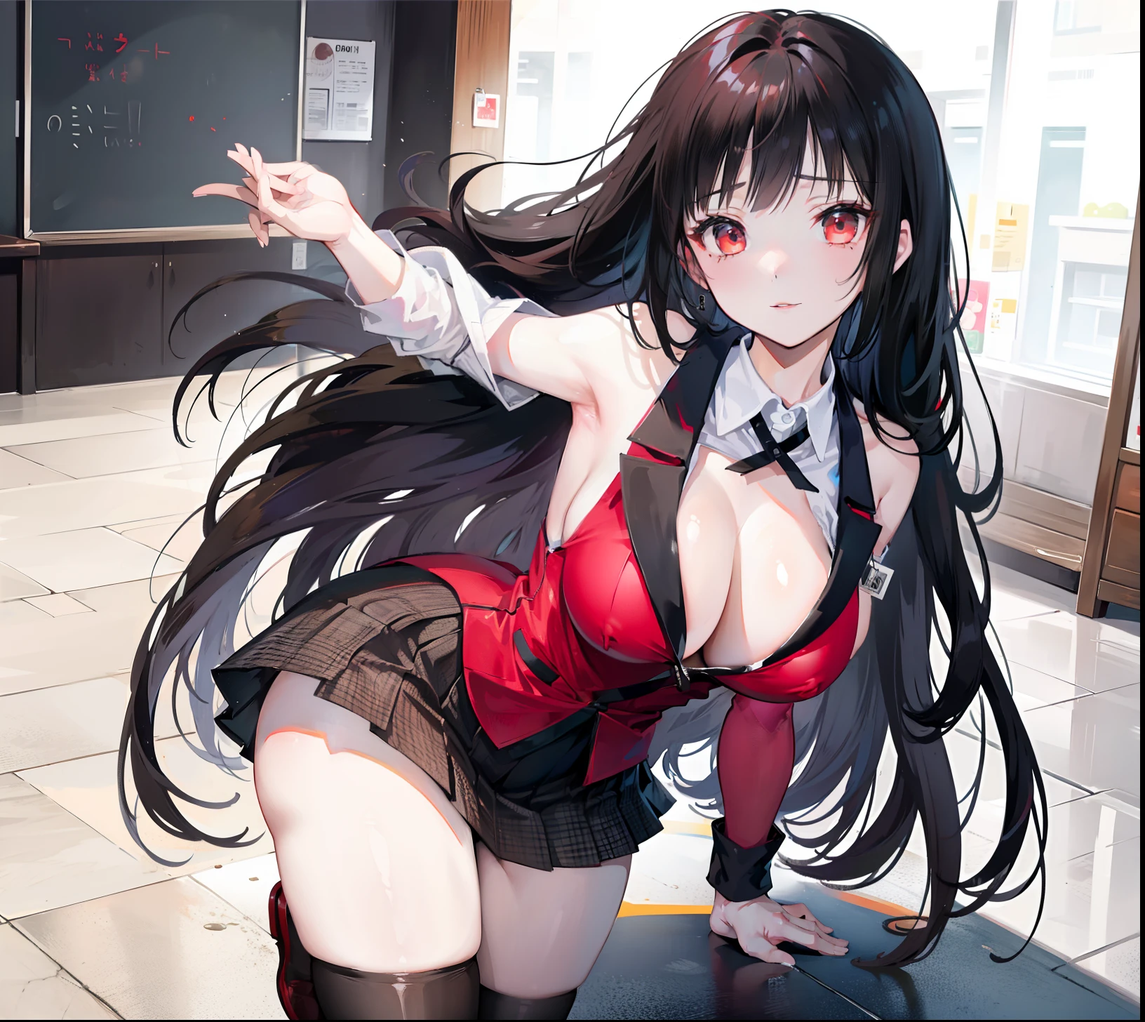 Jabami yumeko, Red school uniform, slightly open shirt, armpits, stockings, in the school corridor, missionary position