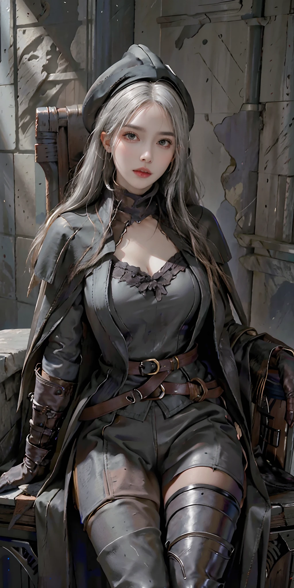 photorealistic, high resolution, soft light,1women, solo, hips up, look at viewer, (detailed face), white hair, bangs, edgBB, black gloves, belt, coat, torn clothes, capelet, gauntlets, vambraces, black capelet, hunter (bloodborne), (tricornm hat), woman wearing edgBB_outfit, gothic church, sitting on chair, jewelry