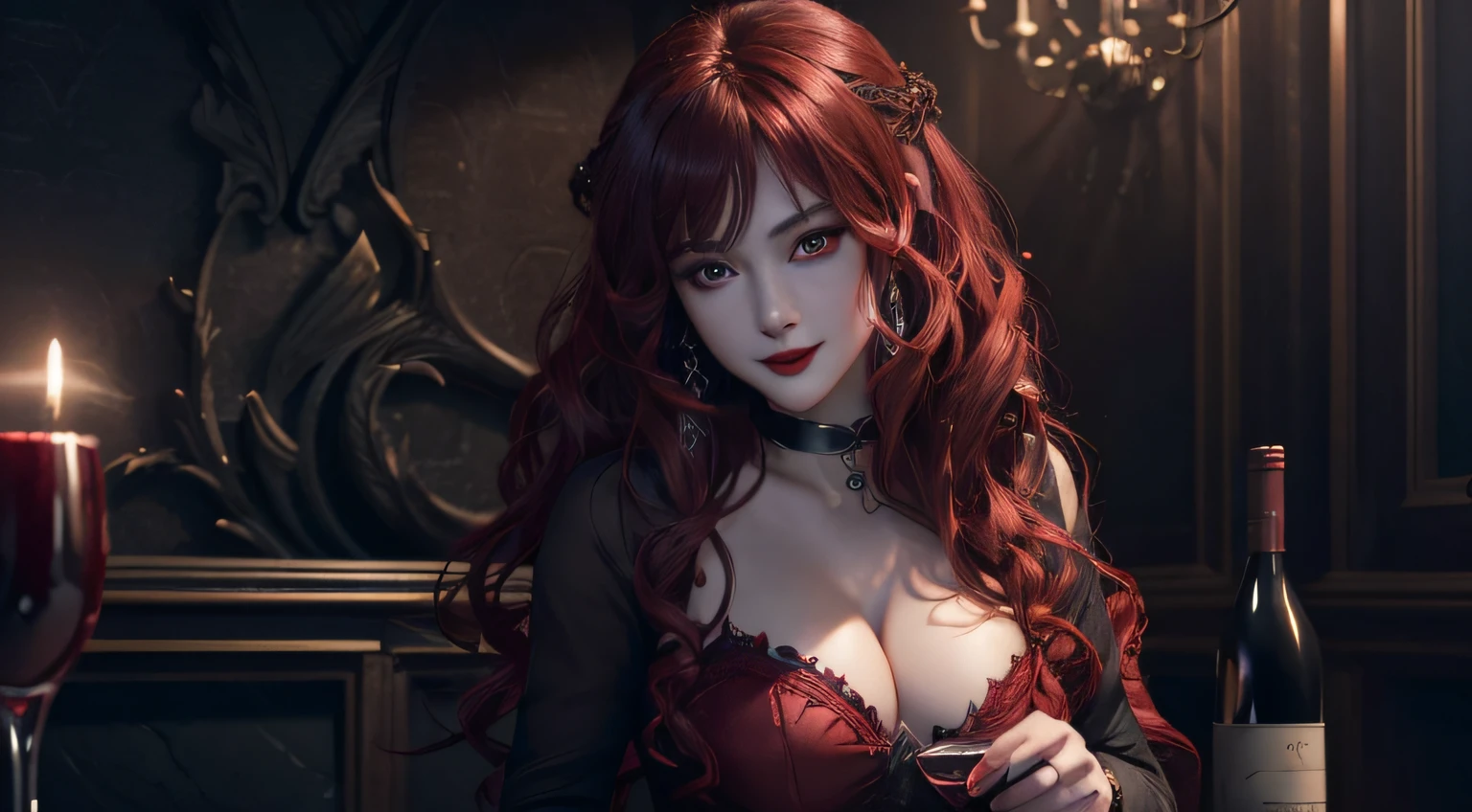 (((Top quality and highly detailed CG Unity 8K wallpapers))), photoRealstic、Bright red eyes, Vampire charismatic woman, Sensual attraction, Mystical smile, Dressed in darkness, Fresh blood lust, Unique presence, Legendary beauty, Bewitching hair, deep red lips.Curly hair、a scene from a movie、drinking wine