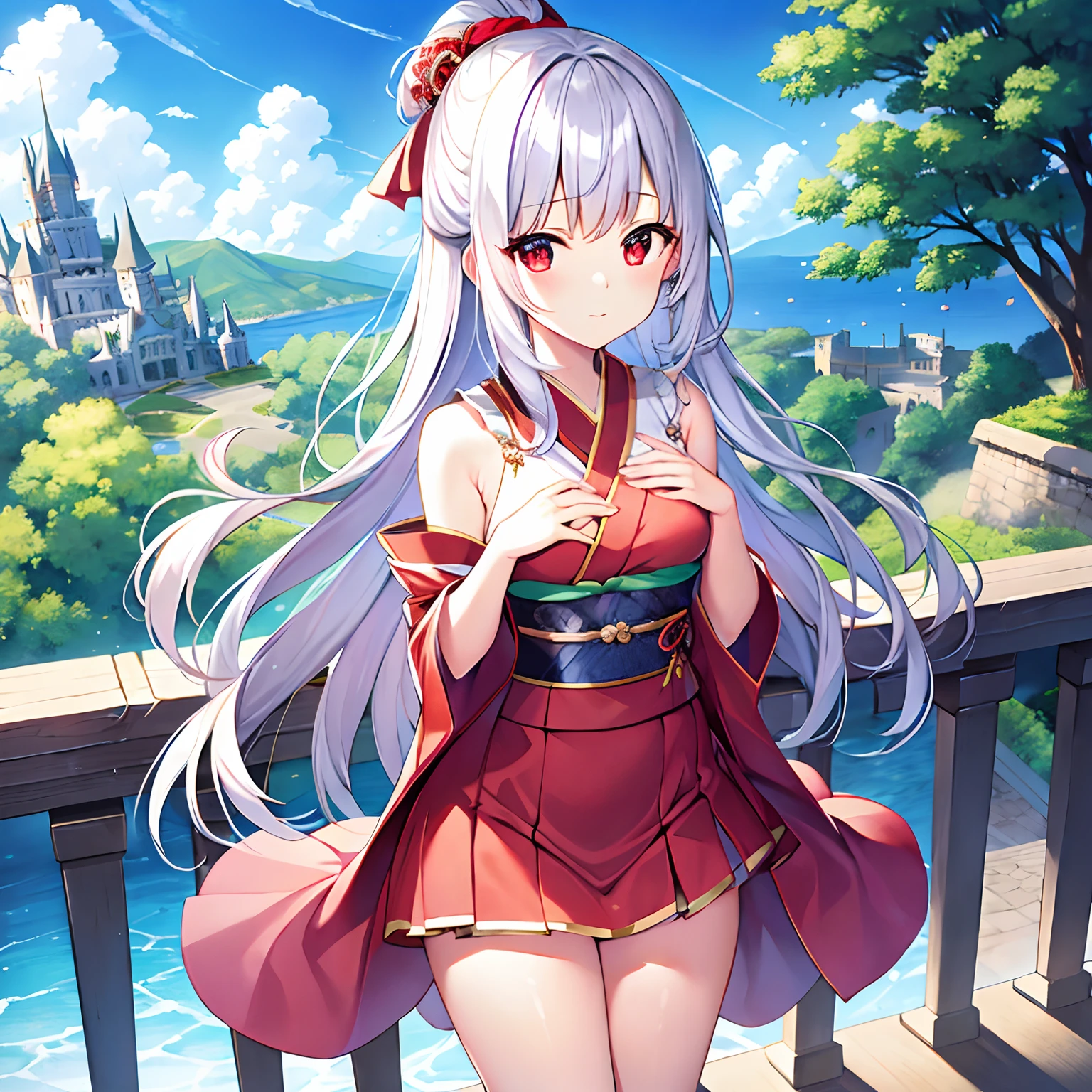 silber hair、red eyes、Beautiful girl alone、独奏、animesque、Kimono、a miniskirt、Western castles
