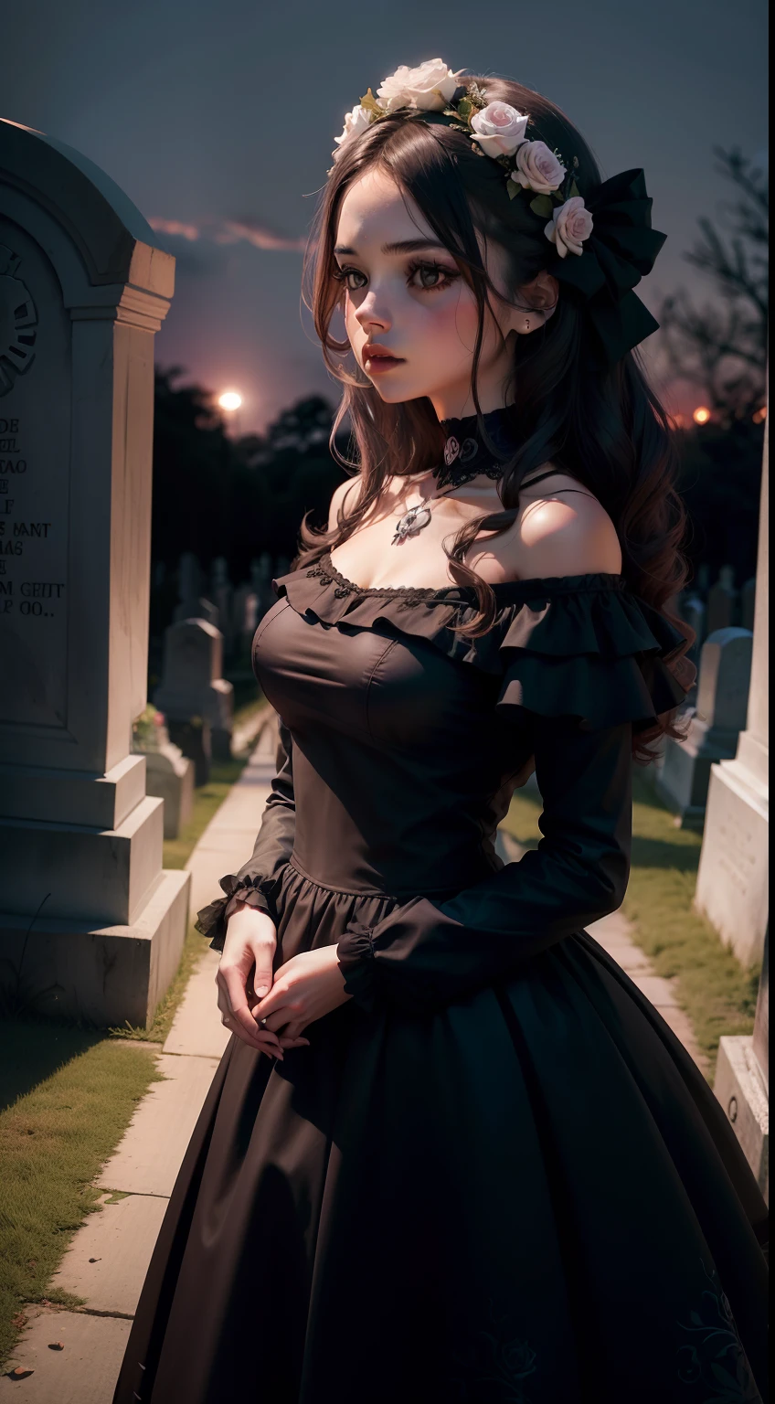 Mulher com vestido preto com rosas pretas, half of the face with the skull appearing. Cemetery background at night with dark background.
