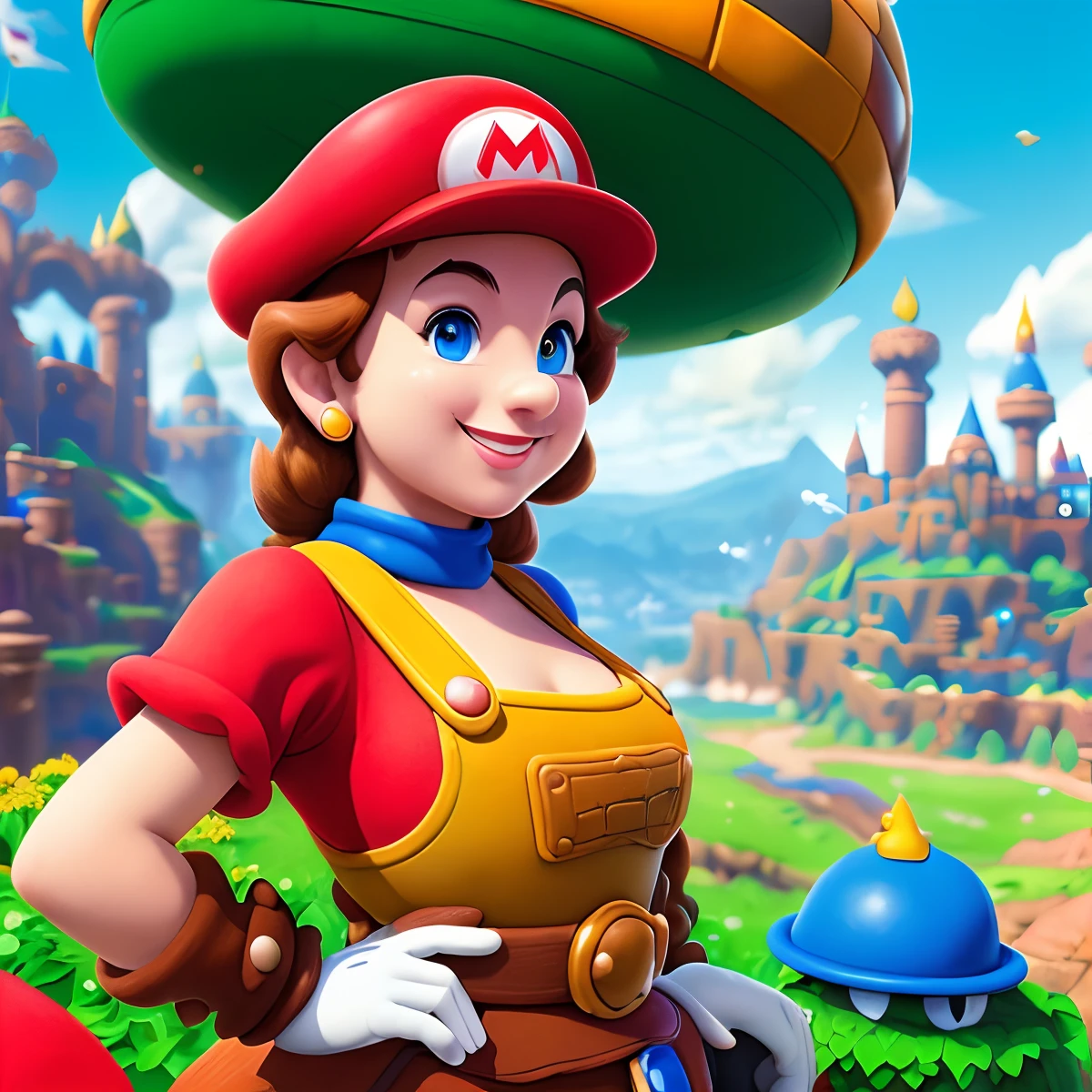 Masterpiece, close-up color splash photo, fantasy, (A woman looking like super mario), smiling, cinematic, (mario bros world background), 
((epic realistic, rutkowski, hdr, intricate details, hyperdetailed))
