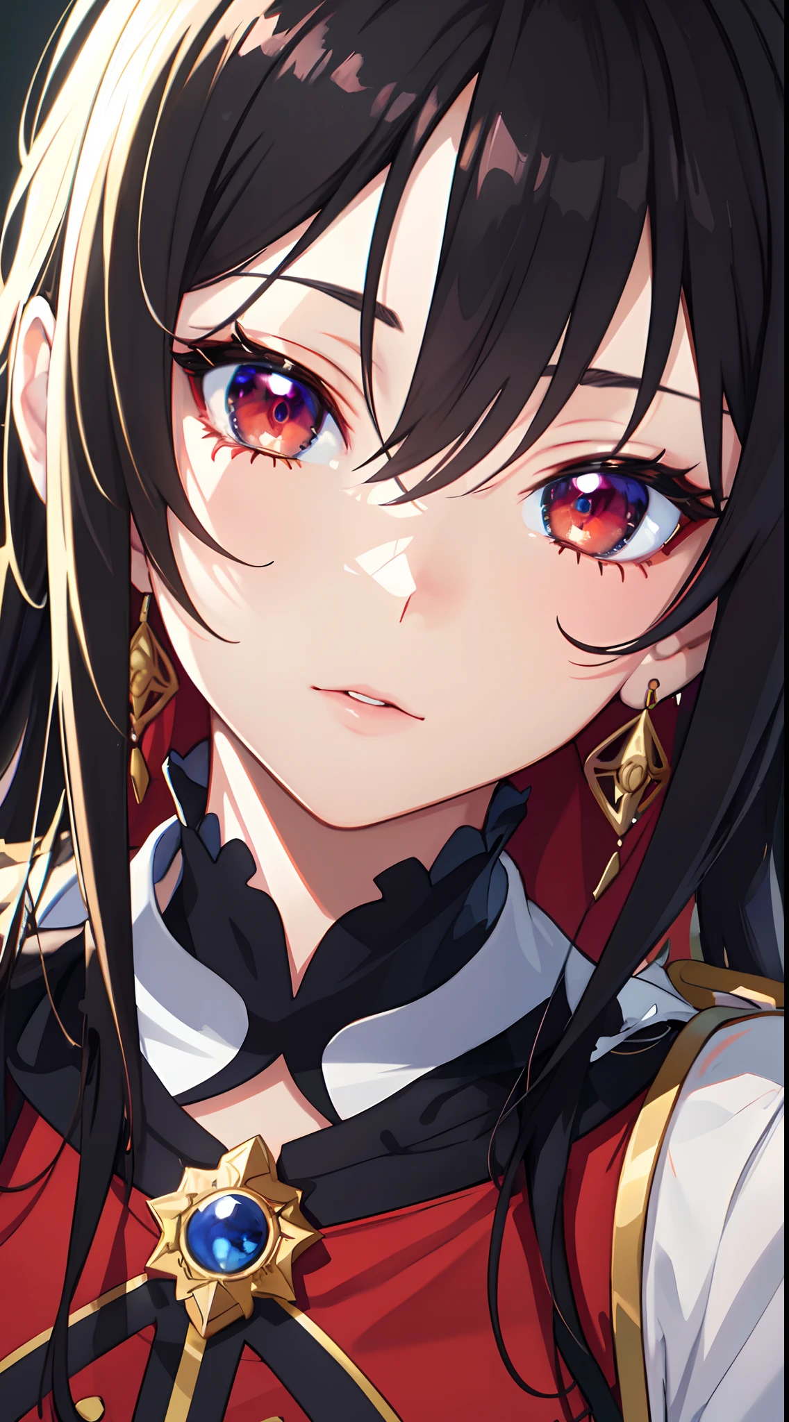 ((best quality)), ((masterpiece)), (best illumination, hyper detailed, detailed background), 1girl, solo, sharp face, cute expression, carismatic girl, dynamic angle, hair between the eyes, long hair, black hair with red highlights, red shining eyes, intense colors eyes, red eyes, red eyeline, beautiful detailed eyes, detailed beautiful face, beautiful detailed clothes, anime art wallpaper 4 k, anime style 4 k, detailed digital anime art, beautiful anime portrait, detailed anime portrait, cute anime portrait, face anime portrait, close anime portrait,