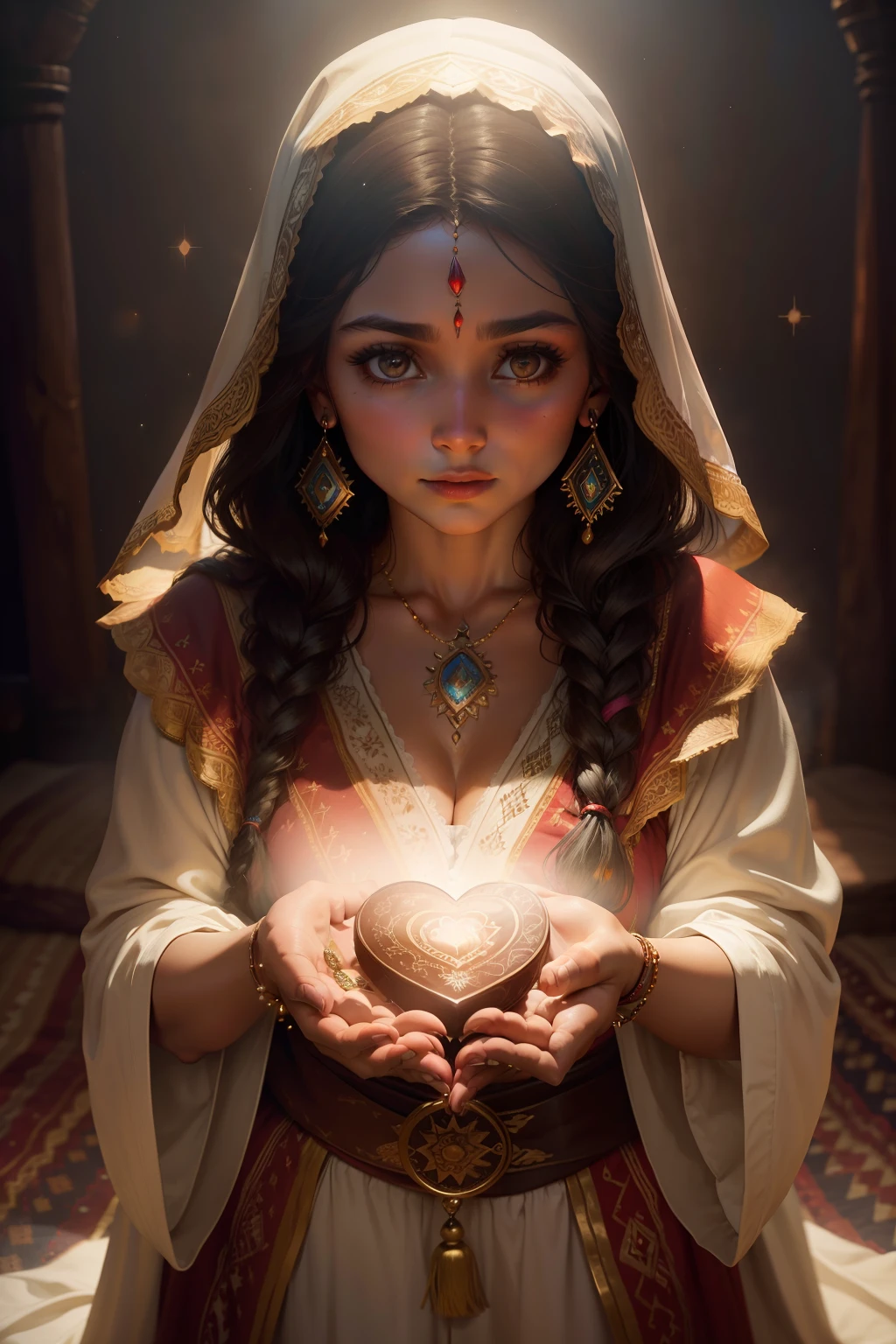 A brown gypsy woman in traditional gypsy robes with a passionate heart in her hands in a cozy setting during a starry night (passionate heart) (fogueira ao fundo da imagem:1.1) Tracing of volumetric haze rays z pass bright light, (obra-prima) (melhor qualidade) (detalhado) (8k) (cinematic lighthing) (foco nítido) (intrincado)