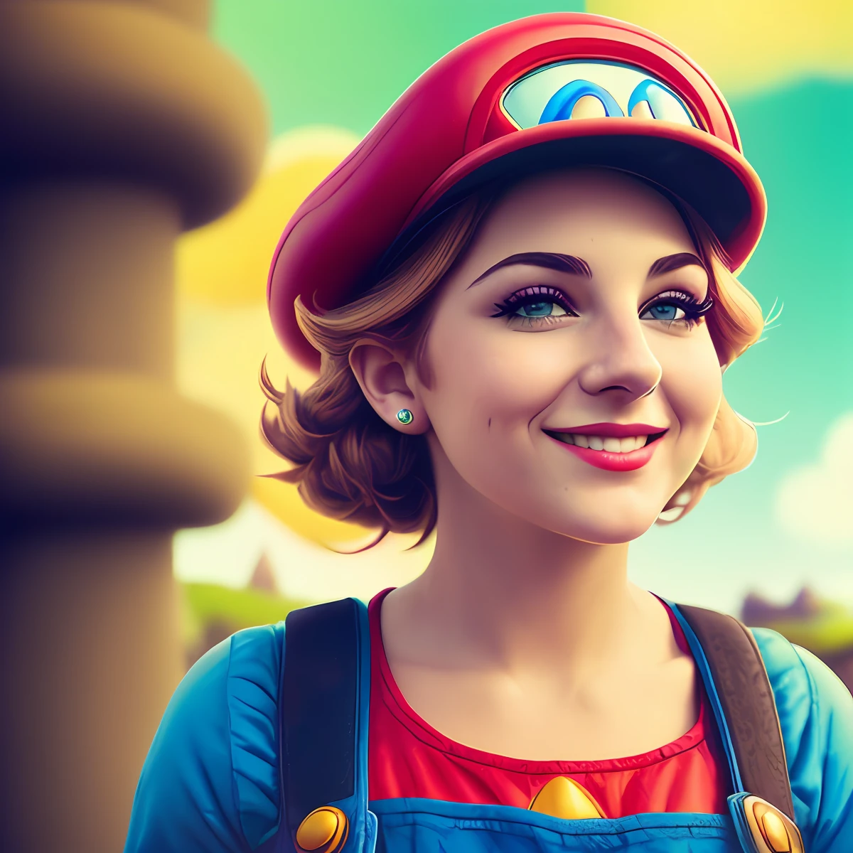 Masterpiece, close-up color splash photo, fantasy, (A woman looking like super mario), smiling, cinematic, (mario bros world background), 
((epic realistic, rutkowski, hdr, intricate details, hyperdetailed))