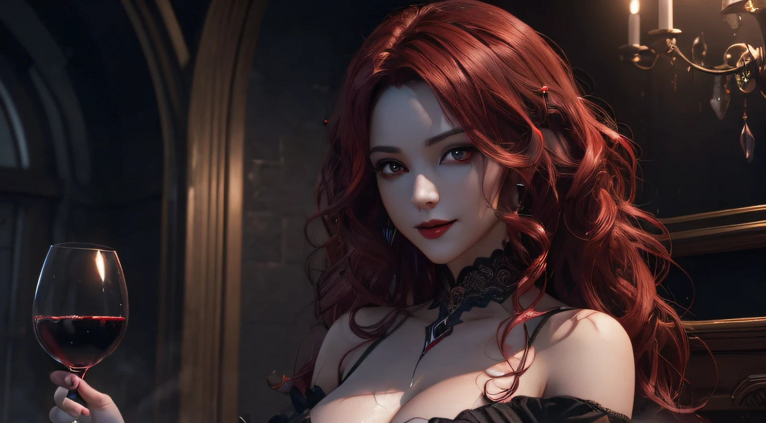 (((Top quality and highly detailed CG Unity 8K wallpapers))), photoRealstic、Bright red eyes, Vampire charismatic woman, Sensual attraction, Mystical smile, Dressed in darkness, Fresh blood lust, Unique presence, Legendary beauty, Bewitching hair, deep red lips.Curly hair、a scene from a movie、drinking wine
