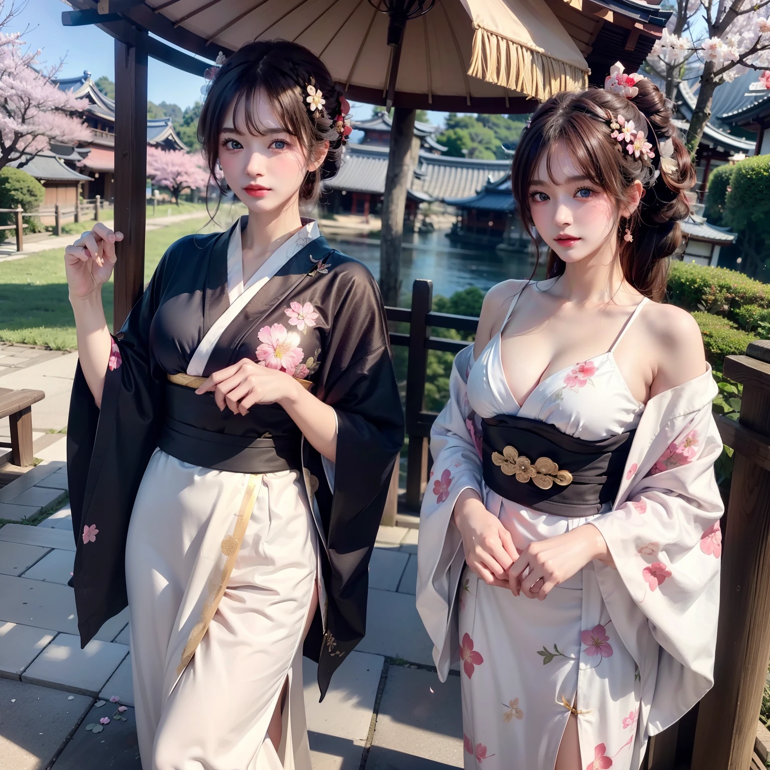 High quality、２５Age pretty woman、Slender beauty、Wear a traditional kimono with gorgeous Japan、Hairpin、Geta、Expensive obi、Big beautiful blue eyes、Detailed cute face、独奏、stand dignified、Gion、Kiyomizu-dera Temple、under a cherry blossom tree、Realistic pretty woman