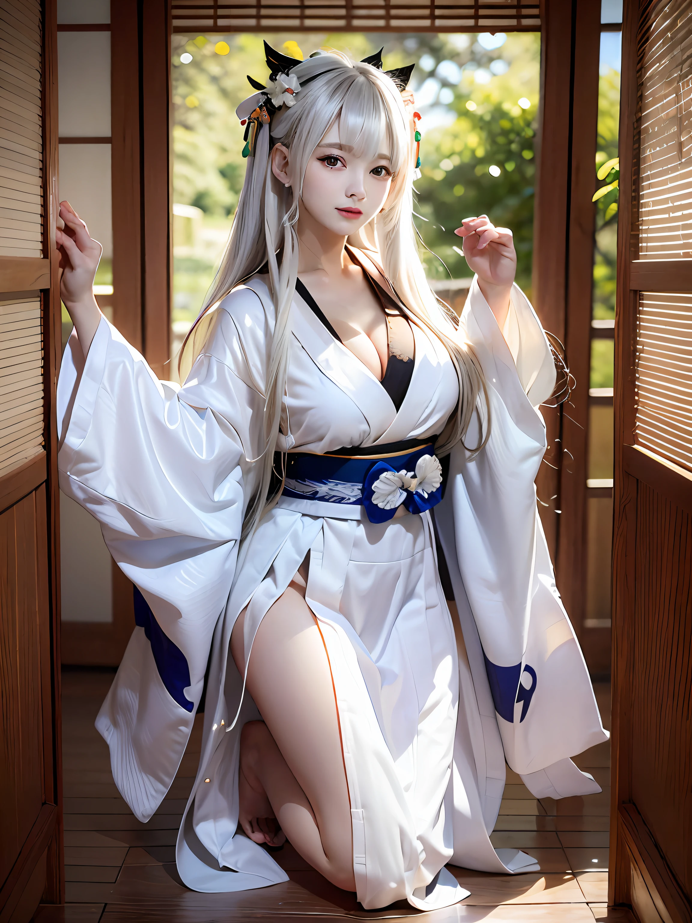 top-quality、masterpiece、超A high resolution、(Photorealsitic:1.4)、Raw foto、1 girl in、((white hair))、full body Esbian、large full breasts、Ultra exposed cleavage、erotick、Erotic look、gargantilha、二重まぶた、Loose and fluffy perm、semi long hair、Pleated skirt with slit、Staring at us with your whole body、Close up in black and white kimono, sōsaku hanga, hakama kimono, Anime Cosplay, Onmyoji, Komono,, high quality costume, intricate hakama, flowing magic robe, bath robe, japanese kimono、(( Korean schoolg((Korean Female Idols))++、((human girl))、