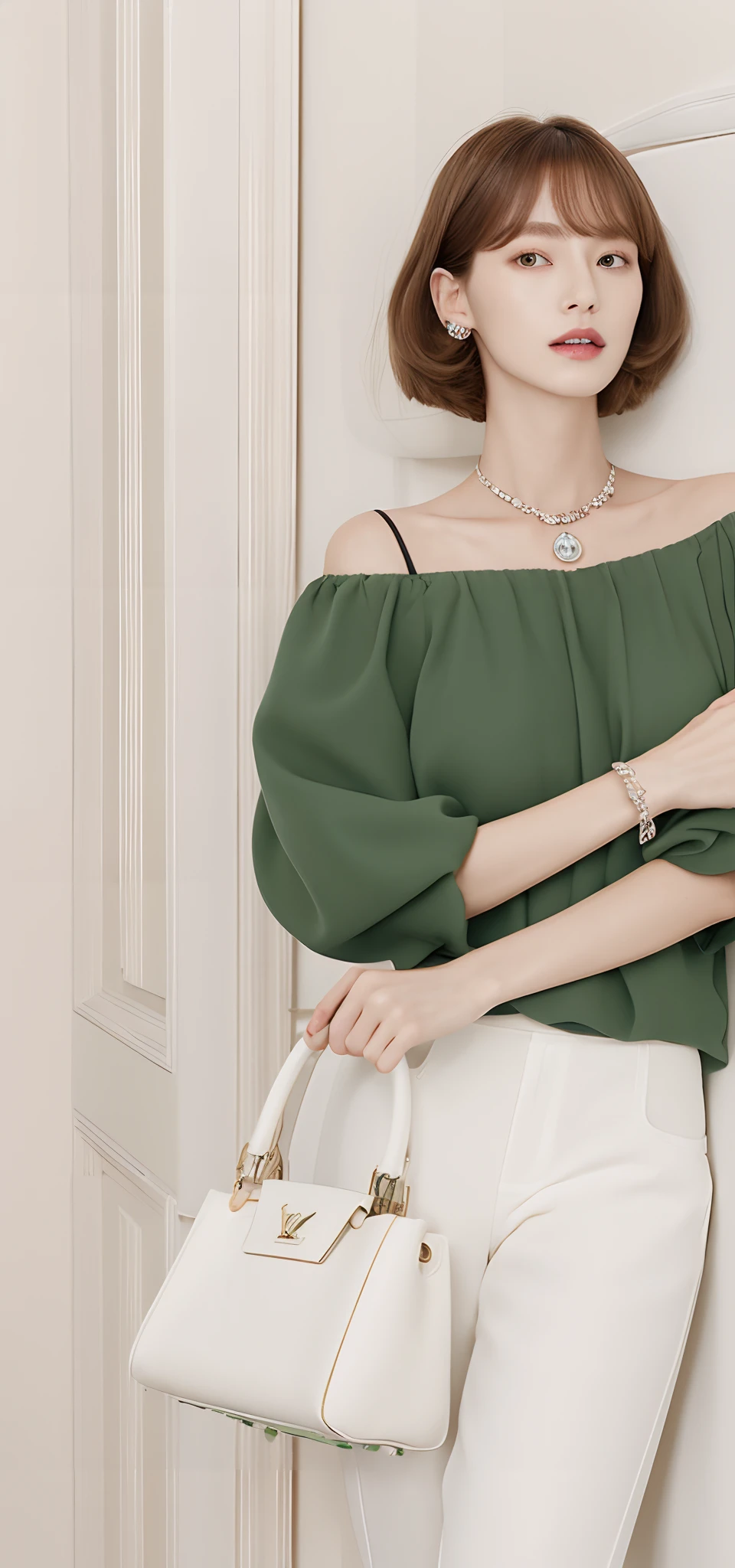 ((masutepiece, of the highest quality, High Definition)),(Woman in white pants and Dark green tucked gathered blouse pose for photo:1.2), Van Cleef & Arpels style, Bvlgari style, Cartier style, lv jewelry, chaumet style, Bvlgari Jewelry, white trendy clothes, Cute:2, More about Silver White Red, lulu chen,Elegant makeup, (Elegant shorthair, Light brown hair color: 1.4)