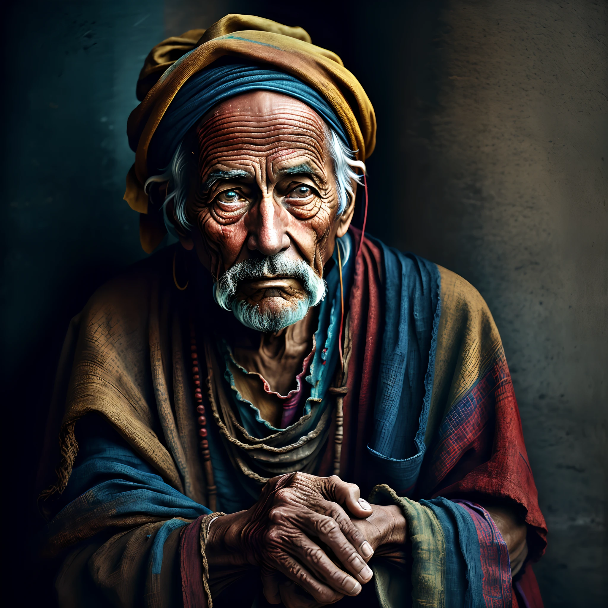 An old beggar, colorful,
yang08k, photography, beautiful, black background,
masterpieces, top quality, best quality, official art, beautiful and aesthetic, realistic,