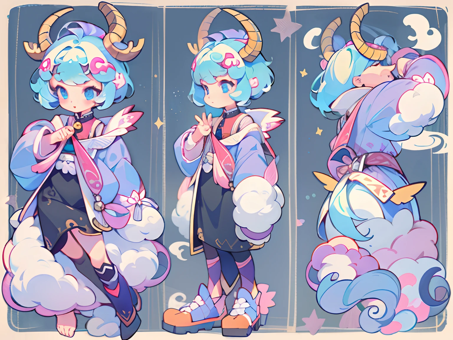 ((masterpiece)), (((best quality))), (character design sheet, same character full body, front, side, back), Illustration, 1 girl, short hair, blue hair, whit sheep horns, pink clothes, hair fax, blue eyes, environment change, pose kota, female, shirt shangyi, stars, charturnbetalora, (simple background, white background: 1.3) ,--6