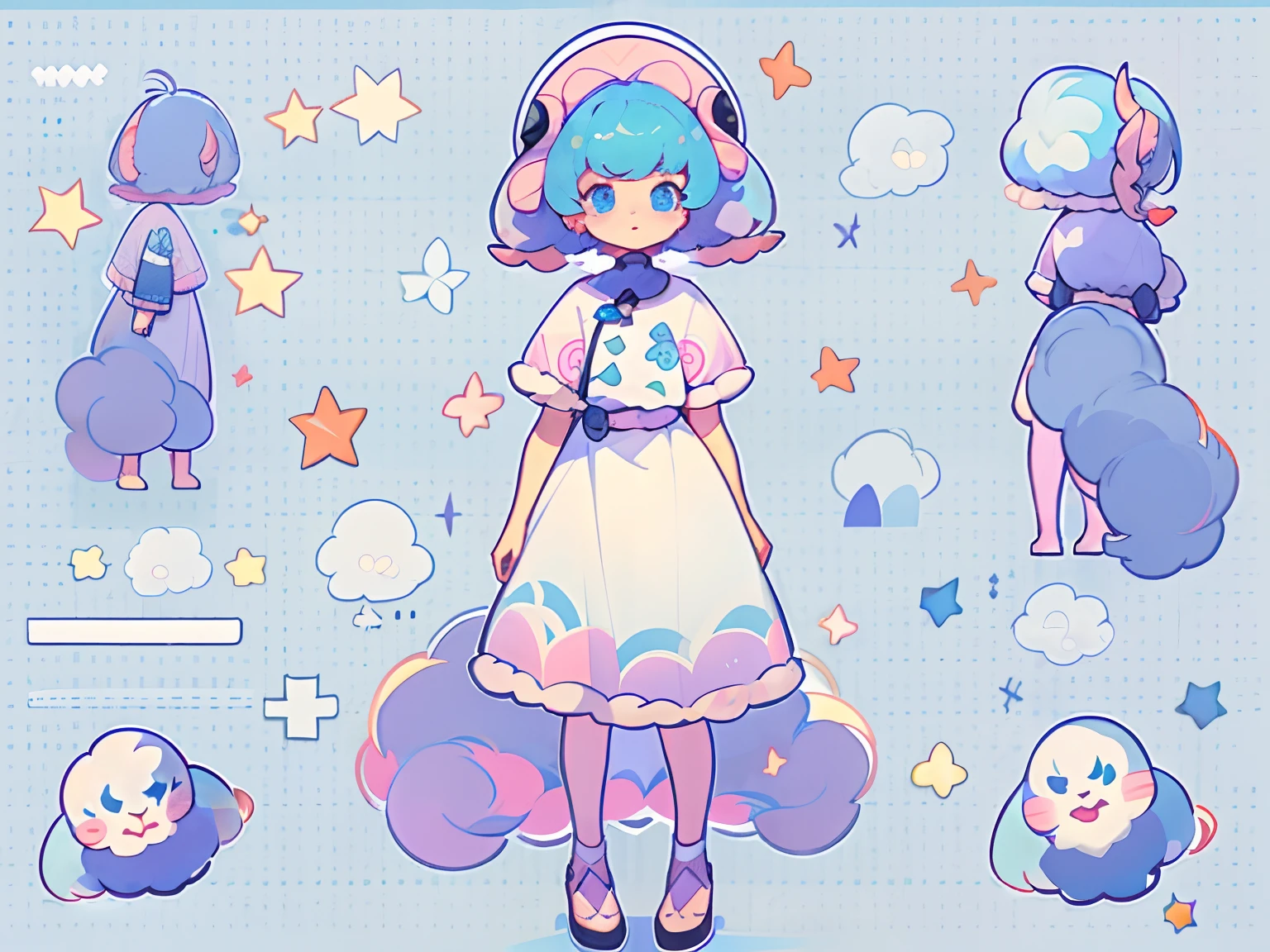 ((masterpiece)), (((best quality))), (character design sheet, same character full body, front, side, back), Illustration, 1 girl, short hair, blue hair, whit sheep horns, pink clothes, hair fax, blue eyes, environment change, pose kota, female, shirt shangyi, stars, charturnbetalora, (simple background, white background: 1.3) ,--6