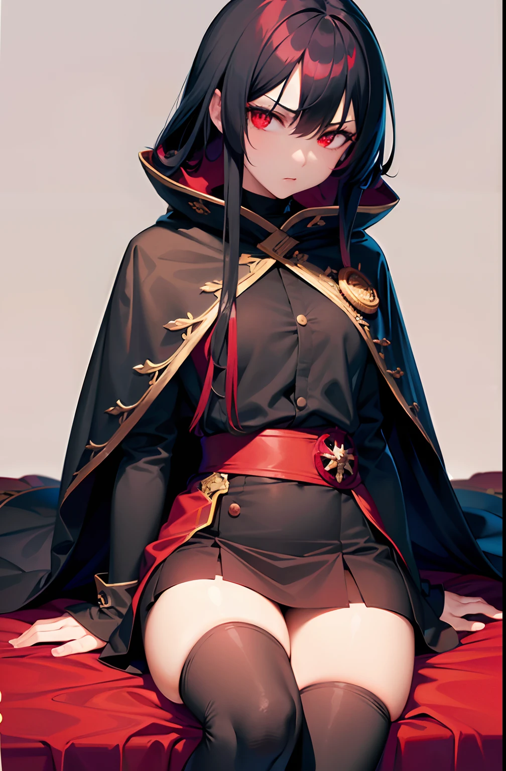 expressive eyes, perfect face, highly detailed, serious face, high resolution, 1girl, black hair, long straight hair, red eyes, (black commander cloak), (black thigh-highs), ((red hair strand)), on the bed, cute pose, (short black miniskirt), (masterpiece), best quality, 4k