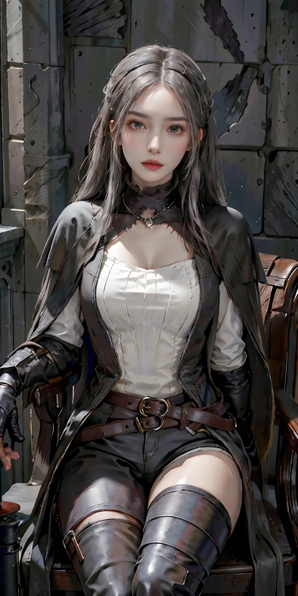 photorealistic, high resolution, soft light,1women, solo, hips up, look at viewer, (detailed face), white hair, edgBB, torn clothes, coat, vambraces, black capelet, capelet, hunter (bloodborne), black gloves, arms at sides, tricorn, belt, woman wearing edgBB_outfit, gothic church, sitting on chair, jewelry