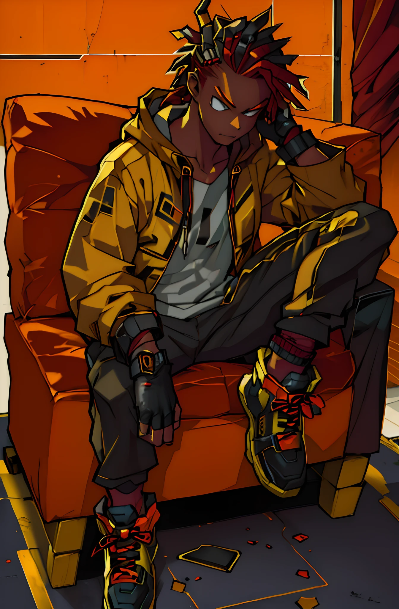 (maroon:1.5, orange:1.1, black:1.3, golden:1.3), (solo,gamer with dread hair),tattoos masterpiece, best quality, (1boy, solo), male focus, sitting on couch, black hoodie, black jeans, leg on knees, grey shirt, red headphones,[[[two-toned hairstyle, silver eyes]]], dark skin, tattoos on neck, black fingerless gloves, maroon color hair, black hair streaks, dreadlocks