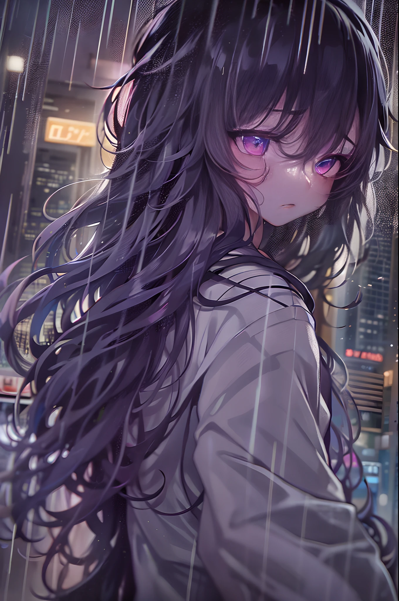 Neon-lit late night big city downtown、age runaway girl standing in the rain。There was deep sadness in her eyes.、Neon lights illuminate the emotion vividly。The darkness in your heart contrasts with the brightness of the city、The contrast speaks to her inner struggle.。