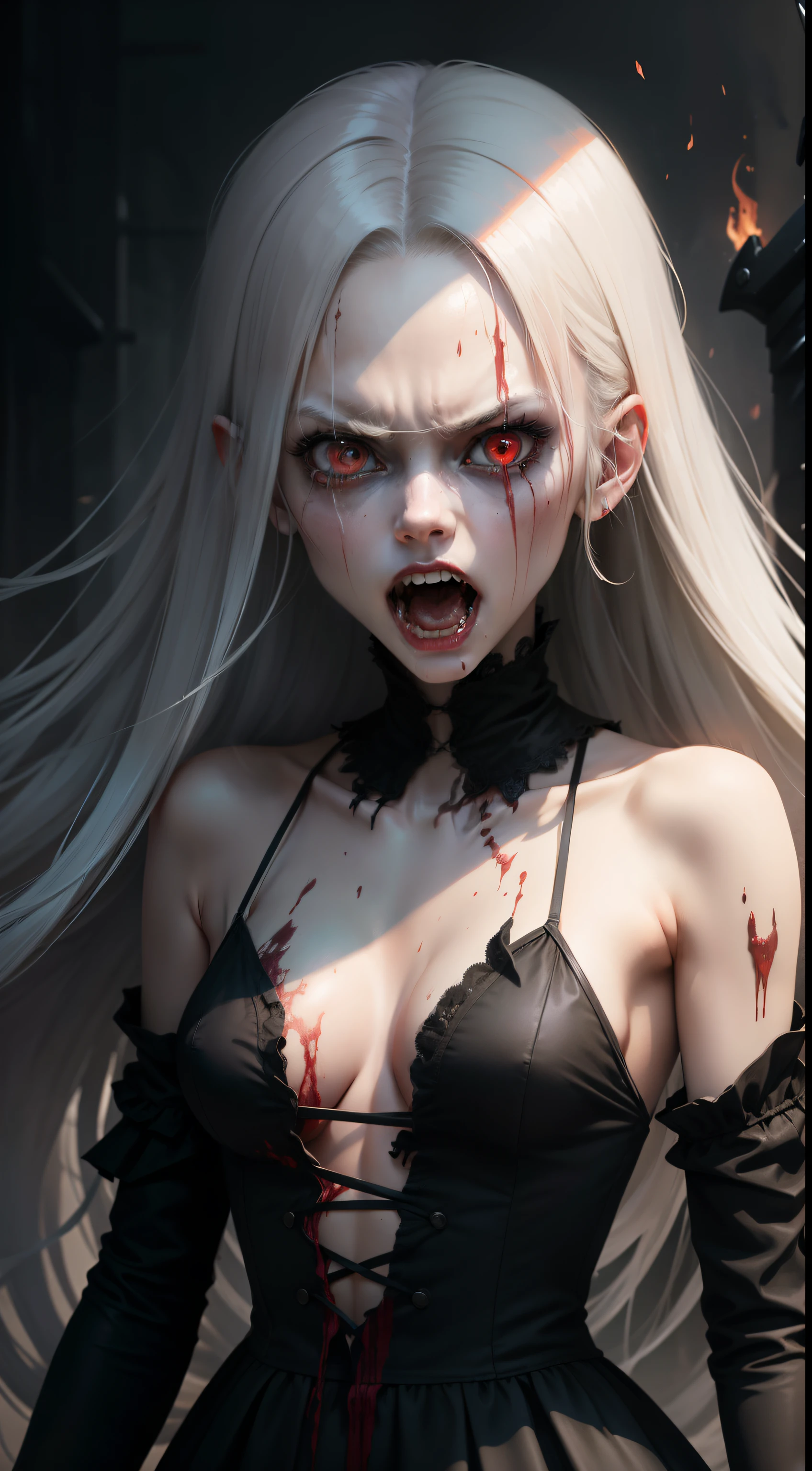 A very pal young girl humanoid character, with red eyes, her name is Cassie, she is crazy, nuts, with cuts and scraps, horror, she is creepy, she is scary, shock value, very evil, ill, she is skinny, evoke, fear, terror, dread, decay, disgust, she is a Psycho, dark, unattractively, unusually thin, thin, scraggly, emaciated, twisted, frightening, sick, dark background, long black_dress, gore, blood, solo, close up, (messy white long hair), fog, evil eyes, she is flat, eyes glowing, dress fully covers her, she's nut, yelling, she's mad, she's furious, she's screaming out loud, showing teeth, mouth open wide, yelling at the camera, fire in the background, rage, sharp teeth, bloody mouth, vampire like, she is holding a (sword)