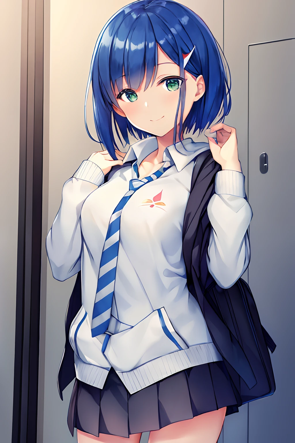 ( masterpiece,  best quality:1.2) , highres, highly detailed , illustration,
1girl, ichigo \(darling in the franxx\), ichigo-v1 ,  solo, blue hair, necktie, short hair, shirt, hood, hair ornament, one eye closed, looking at viewer, bag, skirt, striped necktie, white shirt, hairclip, closed mouth, striped, open clothes, smile, green eyes, collared shirt, hoodie, long sleeves, hood down, hair over one eye, eyes visible through hair, jacket, upper body, grey skirt, bangs, school uniform, hand up, backpack, blush, pleated skirt,