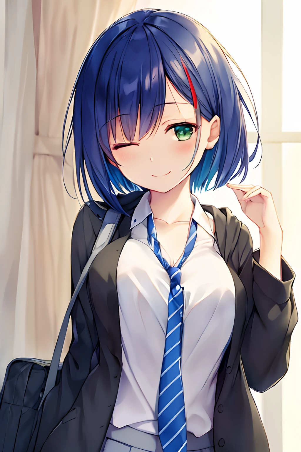 ( masterpiece,  best quality:1.2) , highres, highly detailed , illustration,
1girl, ichigo \(darling in the franxx\), ichigo-v1 ,  solo, blue hair, necktie, short hair, shirt, hood, hair ornament, one eye closed, looking at viewer, bag, skirt, striped necktie, white shirt, hairclip, closed mouth, striped, open clothes, smile, green eyes, collared shirt, hoodie, long sleeves, hood down, hair over one eye, eyes visible through hair, jacket, upper body, grey skirt, bangs, school uniform, hand up, backpack, blush, pleated skirt,