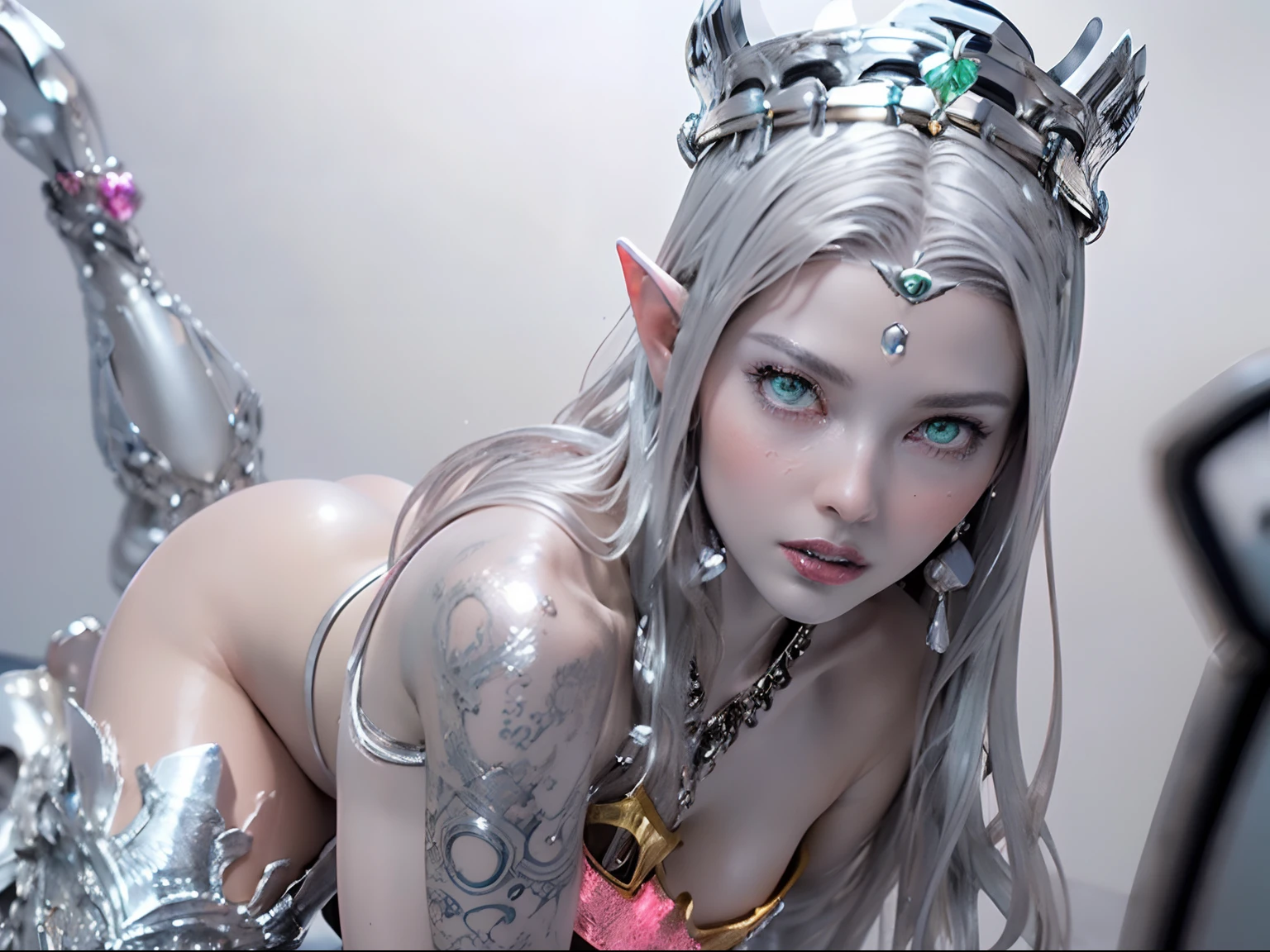 Ultra-detailed complex 3D rendering of the face, (masterpiece, top quality, octane rendering,), glamour shots full body image, very beautiful young elves, cleavage, (highly detailed skin: 1.2), (exposure: 1.1), ((blue micro : 1.95)))). , 8k, (((very soft )), (((conspicuous large pink )), beautiful Caucasian woman with white skin with full soft  with big , one, long braided hair, , dynamic angles, (((: 2.4)), ultra-realistic photos, ((((((silver hair)))), futuristic urban background, facial muscles, (((((detailed and glamorous silver crown)))), In the style of Marvel Comics, ArtStation Trends, Clear Focus, Intricate Details, Very Detailed, Detailed Green Eyes, Sharp Focus, Digital Rendering, Professional, Abs, Lip Gloss, Glossy Skin,  Pose, Golden Tattoo All Over Body, Silver Pattern All Over Body, Silver Lame Skin, Gold Glitter Skin, Mansuji, , Jeweled All Over the Body, with silver scales, silver hair,