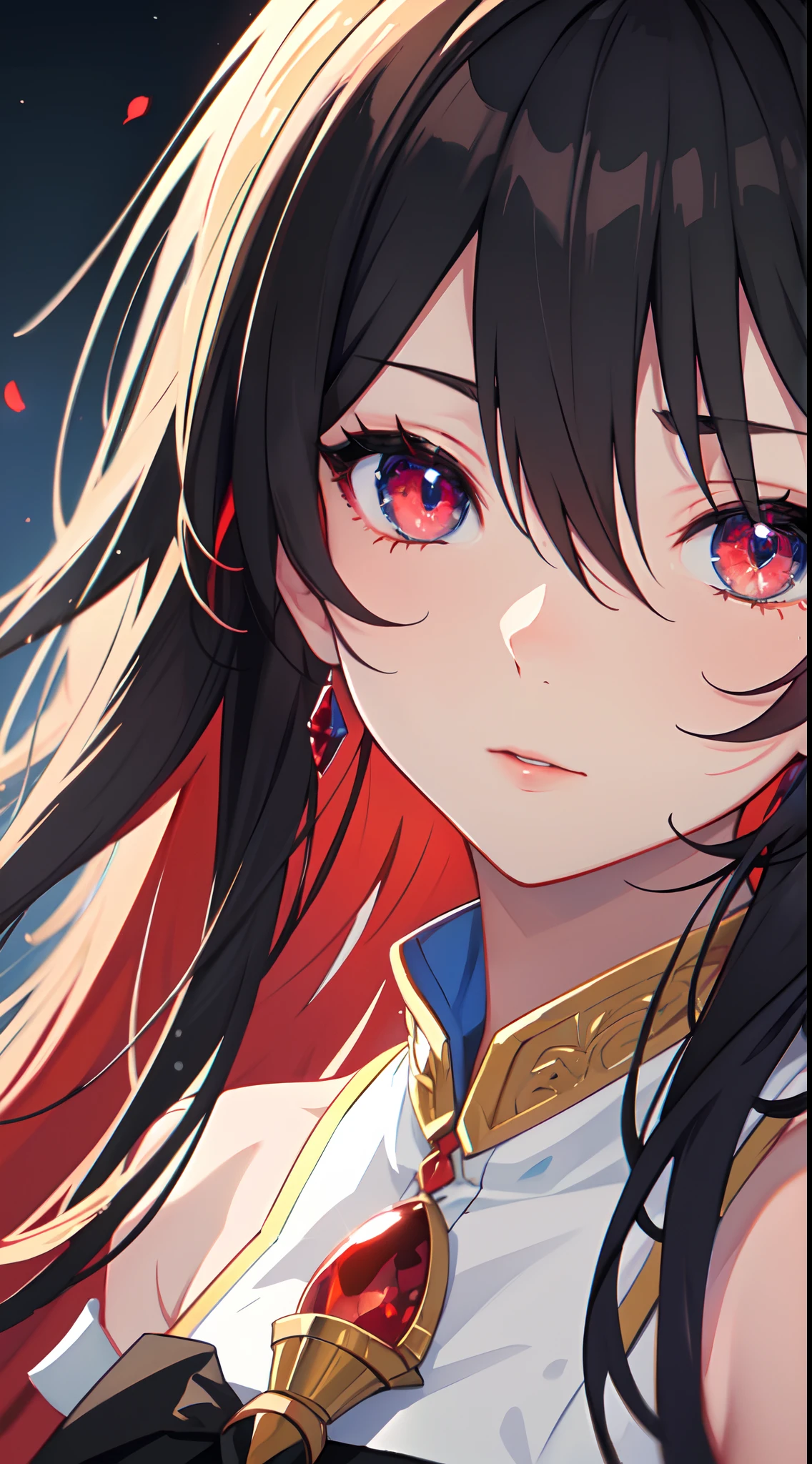 ((best quality)), ((masterpiece)), (best illumination, hyper detailed, detailed background), 1girl, solo, sharp face, cute expression, carismatic girl, dynamic angle, hair between the eyes, long hair, black hair with red highlights, red shining eyes, intense colors eyes, red eyes, red eyeline, beautiful detailed eyes, detailed beautiful face, beautiful detailed clothes, anime art wallpaper 4 k, anime style 4 k, detailed digital anime art, beautiful anime portrait, detailed anime portrait, cute anime portrait, face anime portrait, close anime portrait,