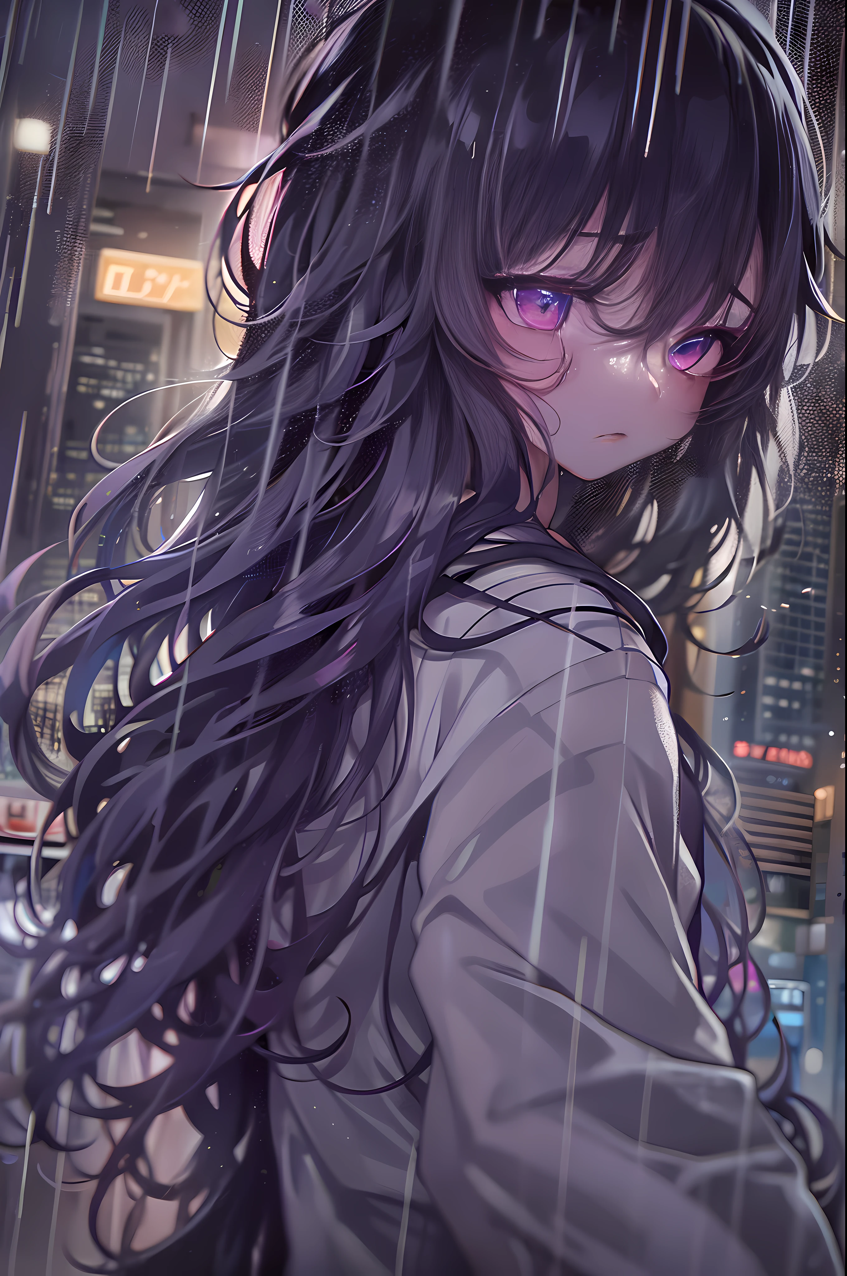 Neon-lit late night big city downtown、Teenage runaway girl standing in the rain。There was deep sadness in her eyes.、Neon lights illuminate the emotion vividly。The darkness in your heart contrasts with the brightness of the city、The contrast speaks to her inner struggle.。