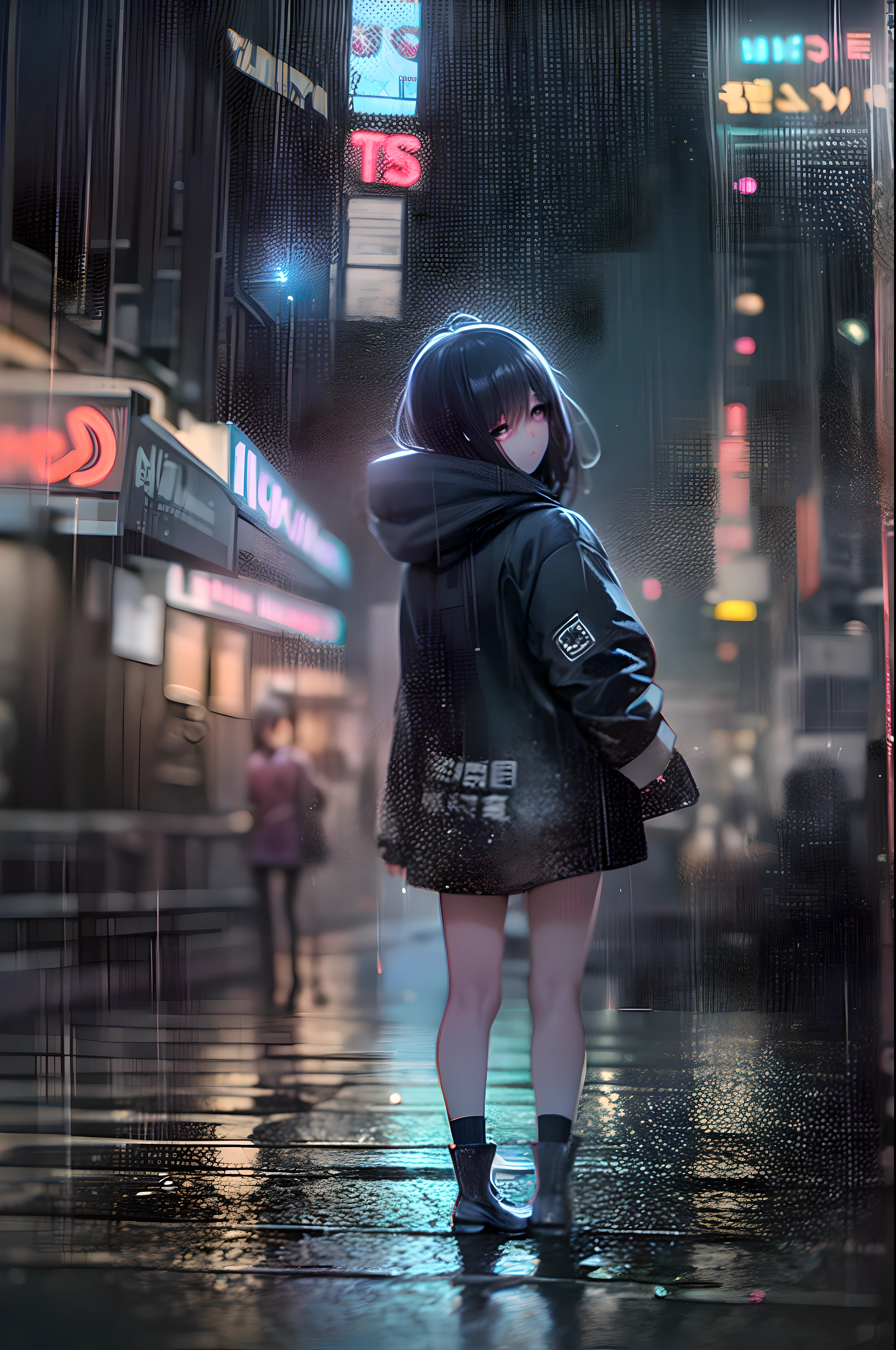 Neon-lit late night big city downtown、age runaway girl standing in the rain。There was deep sadness in her eyes.、Neon lights illuminate the emotion vividly。The darkness in your heart contrasts with the brightness of the city、The contrast speaks to her inner struggle.。