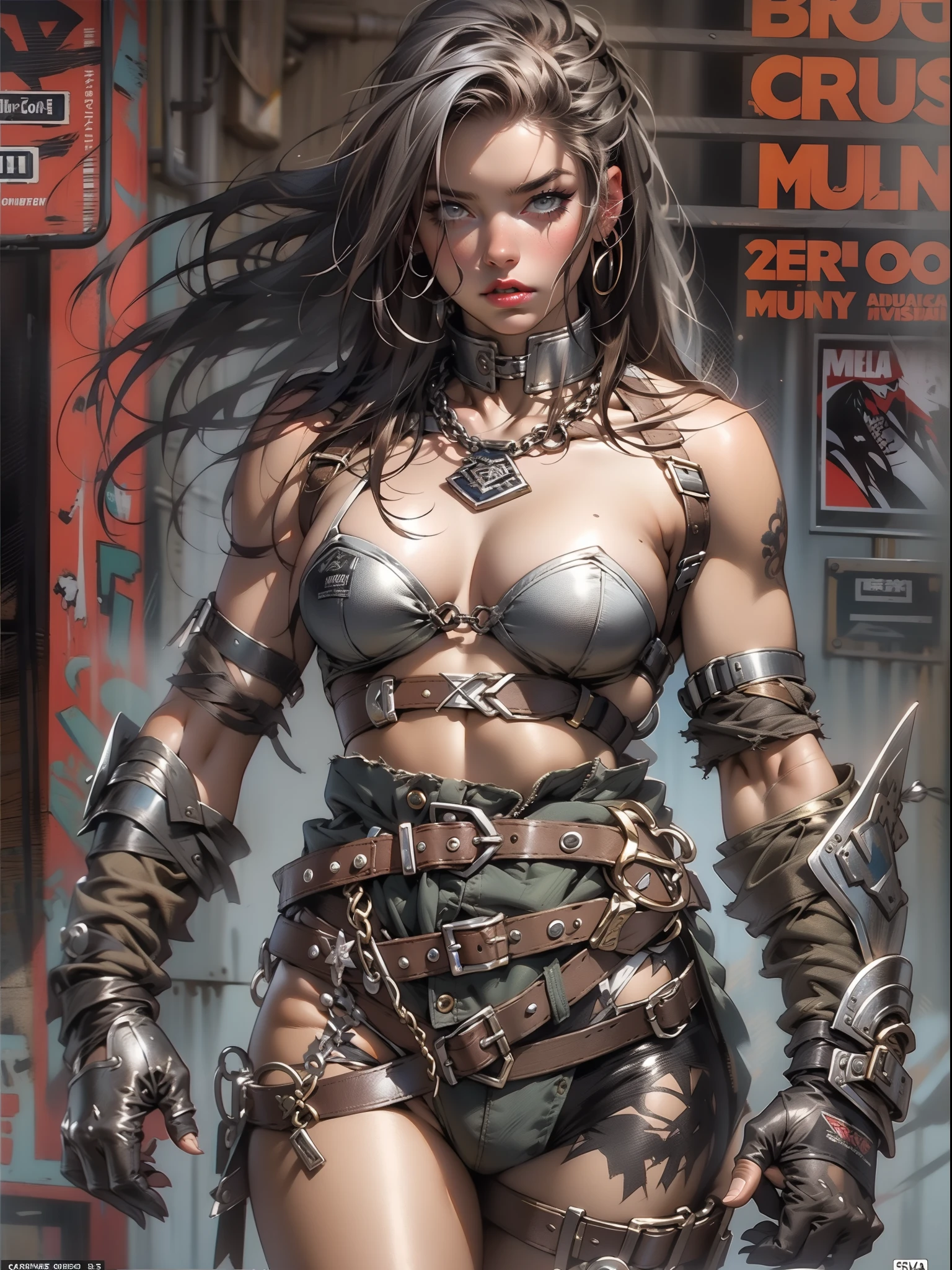 close de uma guerreira mulher de 35 anos musculosa quase nua no estilo Simon Bisley para a capa da revista Heavy Metal, cabelo metade preto metade branco, Minimum clothing, Roupas curtas, (((mulher))), (((melhor qualidade))), (((obra prima))), (((adulta))), Uma guerreira mulher de 35 anos com corpo perfeito, Brooklyn Gladiators, hand with steel gloves and metal tips, (( under boobs )), (( Tiny thong )), quase nua no estilo selvagem urbano de Simon Bisley para a capa da revista 2000 A.D., cabelo curto desalinhado, Minimum clothing, arm with heavy metal protection full of tips, tatuagem tribal, estrelas de 5 pontas, (((corpo inteiro))), cabelo preto curto com franja branca cobrindo a testa