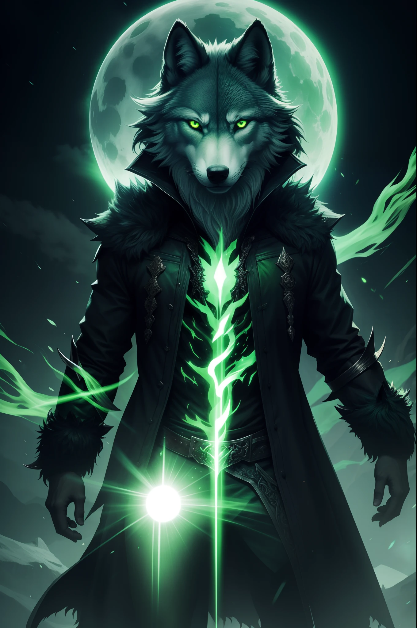 cursed wolf, demon, green aura, transparent green body, fantasy style
