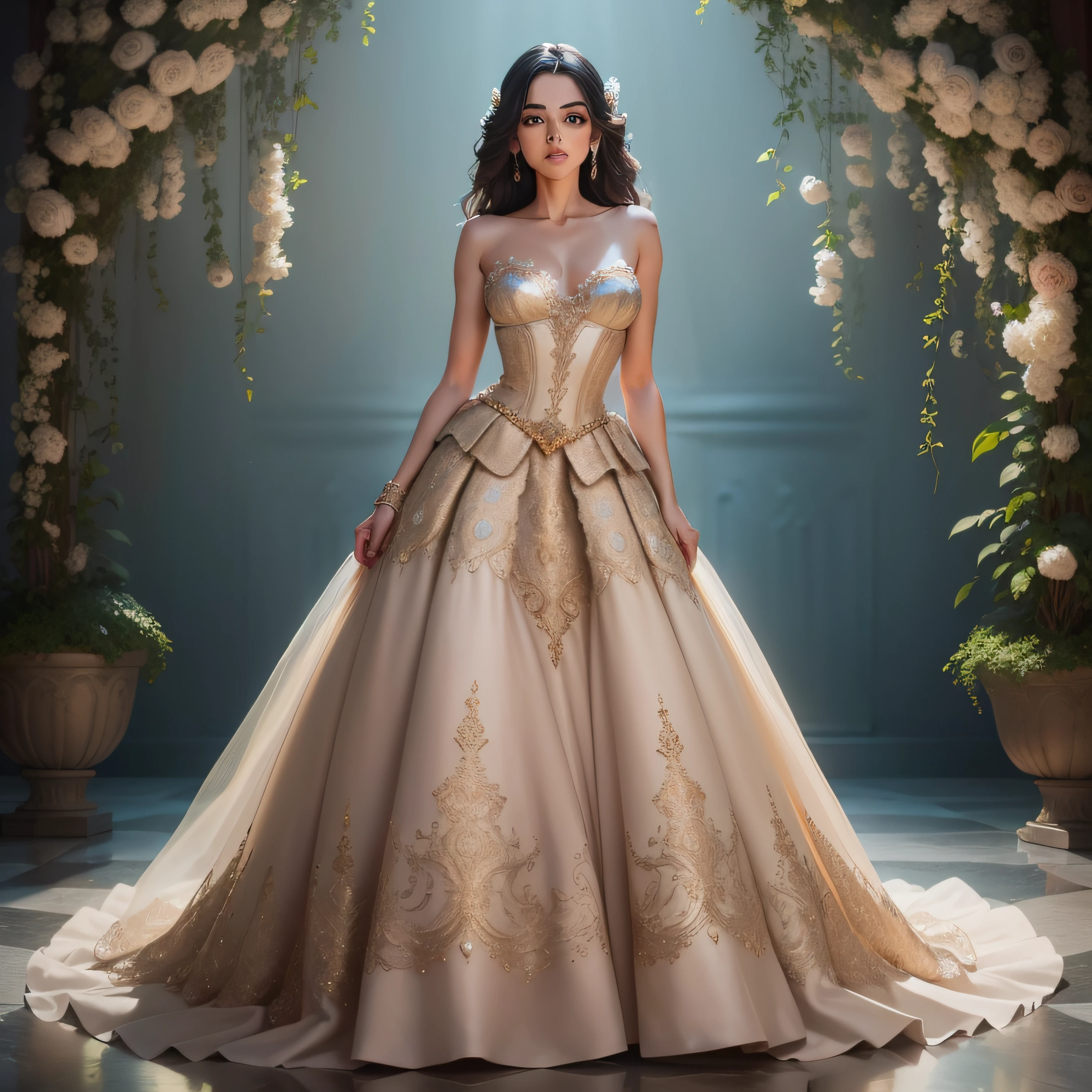 Full body photo, featuring a Mexican girl dressed in a magnificent haute couture quinceañera ball gown with a floral waist belt. The gown she wears is a shade pastel pink, adorned with layers of tulle ruffles, shimmering rhinestones, and intricate gold lace and filigree details. A wide waist belt adorned with fabric flowers cinches her waist and adds a pop of color and texture. Poised elegantly within the luxurious interior of a castle, dramatic cinematic lighting casts enchanting shadows, enhancing her allure. Crystal chandeliers hang delicately from above, casting a warm glow onto the marble floors below. The ornate stairwell adds to the castle's charm. Captured using an 80mm lens on a Sony A7 IV camera, the horizontal image captures the girl's entire form, showcasing the splendor of her haute couture ensemble , (skin dents: 1.5), realistic, realistic, (masterpiece: 1.5), concept art, intricate details, highly detailed, octane rendering, 8k , Unreal Engine, Dynamic Pose, Best Quality, High Resolution, ((Theatic)), Epic, Depth of Field, , Particle, (Realistic Face:1.1, Surreal:1.1), ((1 Girl, Close Up, Medium Tits, Perfect Eyes, Detailed Eyes, High Quality Eyes, High Quality Eyes perfect_face, High Quality Eyes, High Quality Eyes, Shiny Skin: 1.2, Shiny Face: 1.2, Embarrassment, Blushing: 0.8)),Wide-Angle, close-up, god rays, depth of field, chiaroscuro, cinematic lighting, high detail, Verism, UHD, masterpiece, accurate, super detail, high details, high quality, highres, best quality, award winning, 16k
