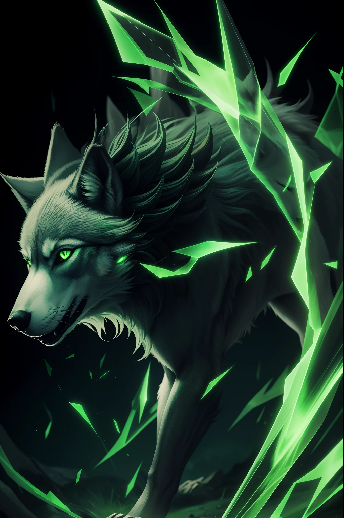 cursed wolf, demon, green aura, transparent green body, fantasy style