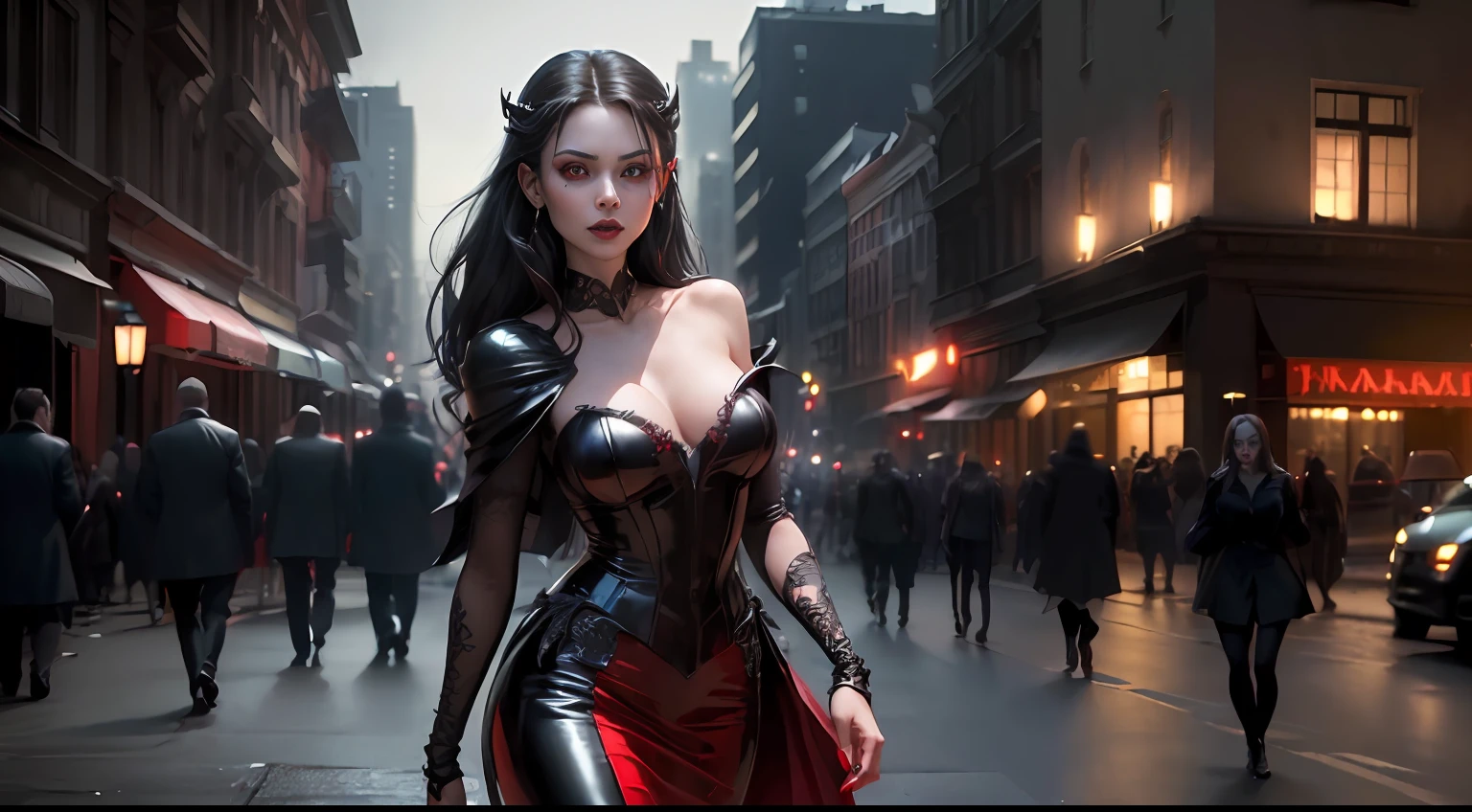 (((Top quality and highly detailed photorealism))),((Vampire Woman: Red Eyes、Very sensual),(Walk gracefully along bustling urban boulevards),(In the moonlight),(a scene from a movie:1.2))