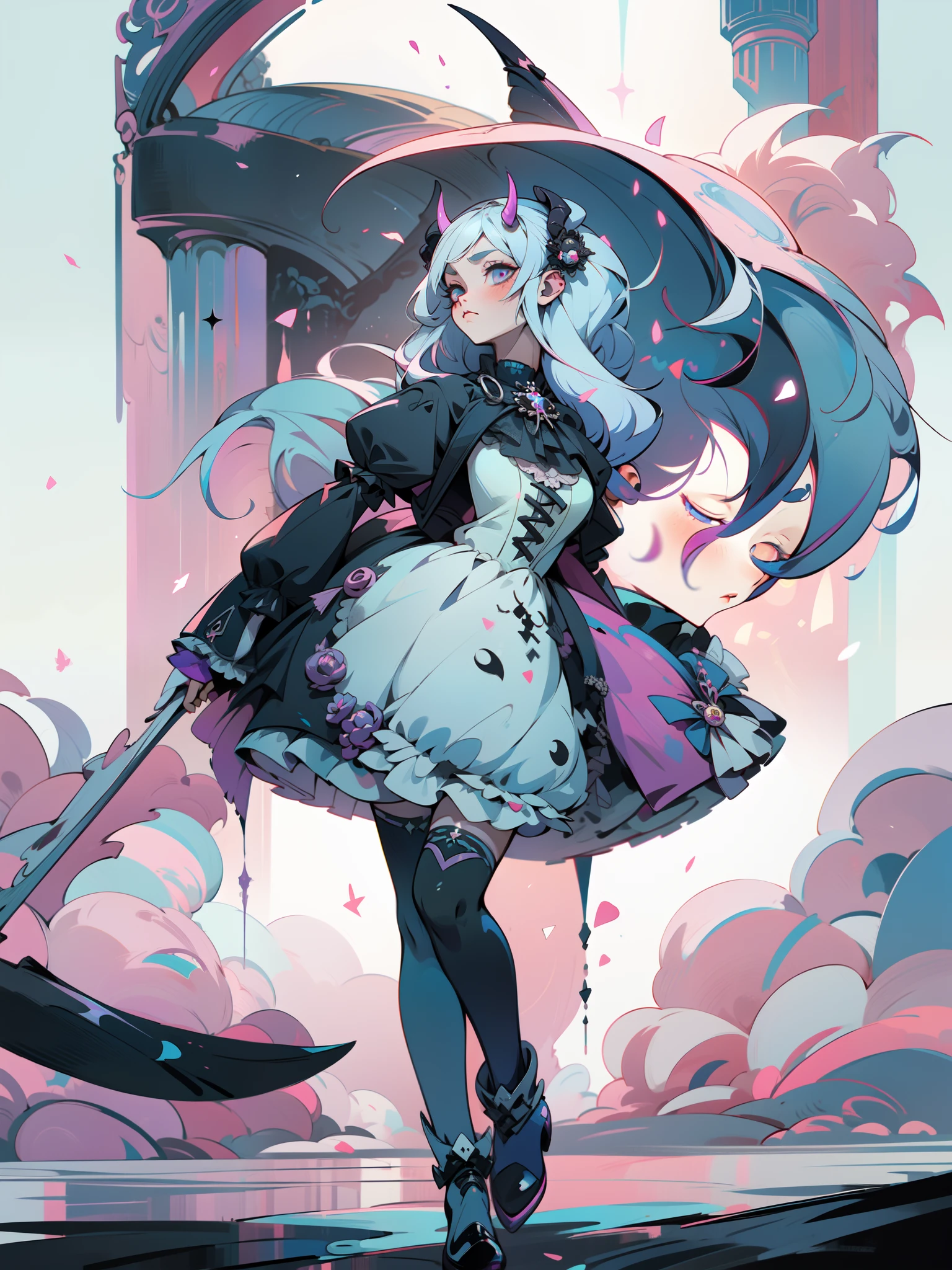 una mujer con un vestido negro sosteniendo una espada, con cuernos negros, with demonic horns, Anime Girl Cosplay, Black gothic dress Lolita, dark fantasy style, Chica de anime Gothic Maiden, victorian gothic lolita fashion, wearing modern gothic clothes, angel knight gothic girl, Anime de cosplay, style of magical girl, Kerli Koiv como Chica de anime, Elegante cosplay glamuroso, Chica anime con un vestido negro, luz a su espalda, Night light from behind, neblina alrededor, cinematic lights, uhd, HD, high quality, 8k, 16k, (((masterpiece))), very detailed eyes, look at The viewer, mirada desafiante