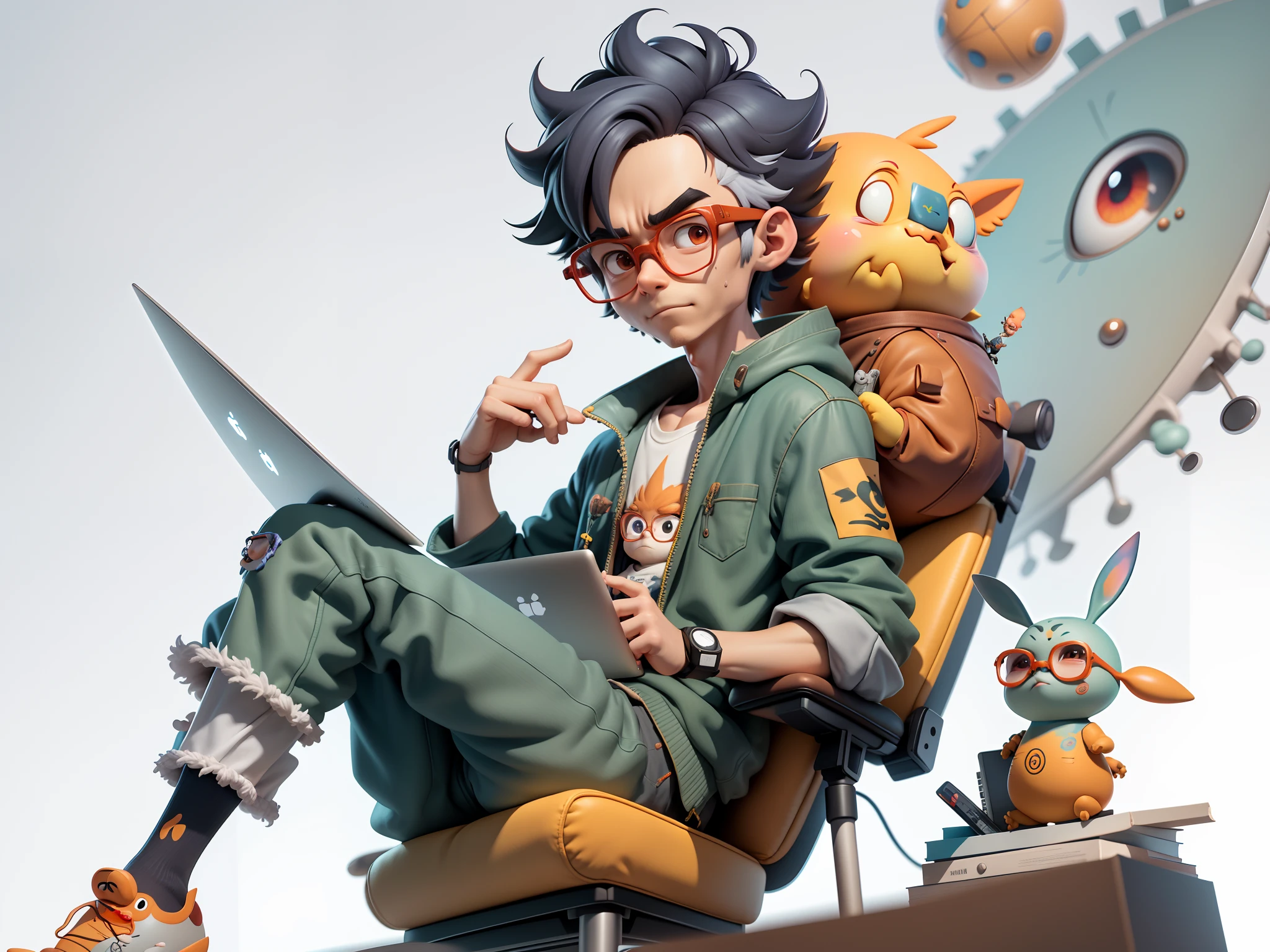 A young man with glasses sits at his desk,holding laptop,digitial painting,3D character design by Mark Clairen and Pixar and Hayao Miyazaki and Akira Toriyama,4K HD illustration,Very detailed facial features and cartoon-style visuals。