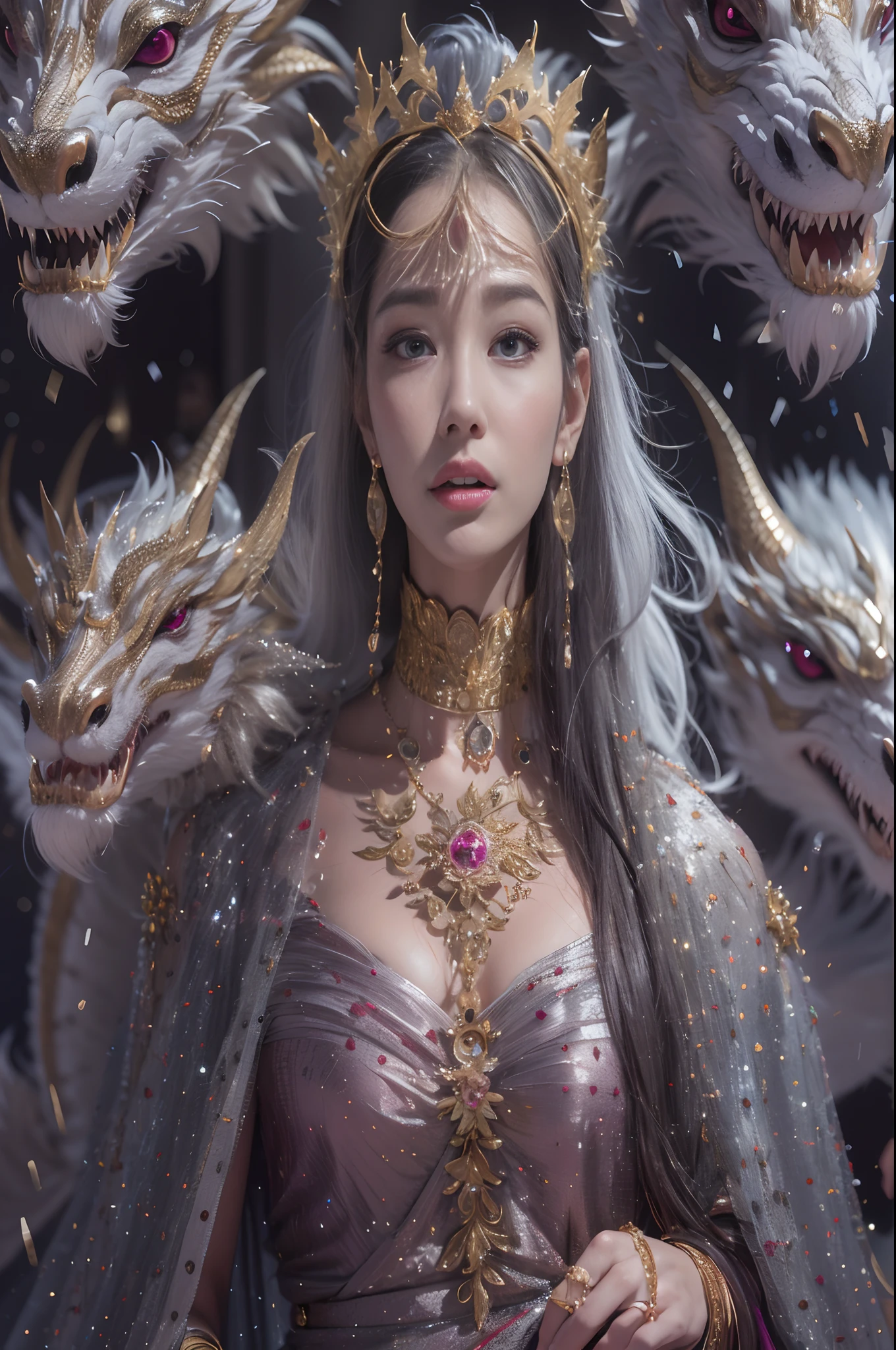 16k(tmasterpiece,k hd,hyper HD,16k)short detailed hair,Gold jewelry area in the back room,King Girl ,Silver Dragon Protector (realisticlying:1.4),Python pattern robe,Purple-pink tiara,Snowflakes fluttering,The background is pure,Hold your head high,Be proud,The nostrils look at people, A high resolution, the detail, RAW photogr, Sharp Re, Nikon D850 Film Stock Photo by Jefferies Lee 4 Kodak Portra 400 Camera F1.6 shots, Rich colors, ultra-realistic vivid textures, Dramatic lighting, Unreal Engine Art Station Trend, cinestir 800,Hold your head high,Be proud,The nostrils look at people